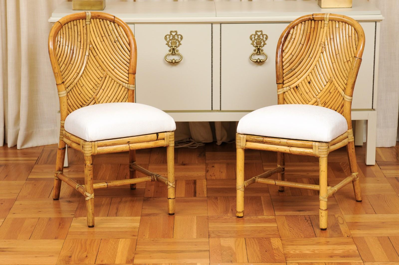 Stellar Restored Set of 8 Rattan Parquetry Bistro Chairs by McGuire, circa 1975 For Sale 4