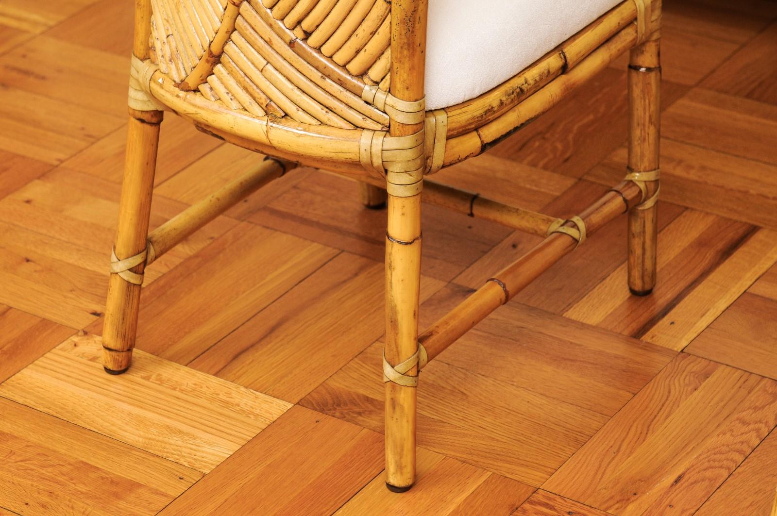 Stellar Restored Set of 8 Rattan Parquetry Bistro Chairs by McGuire, circa 1975 For Sale 7