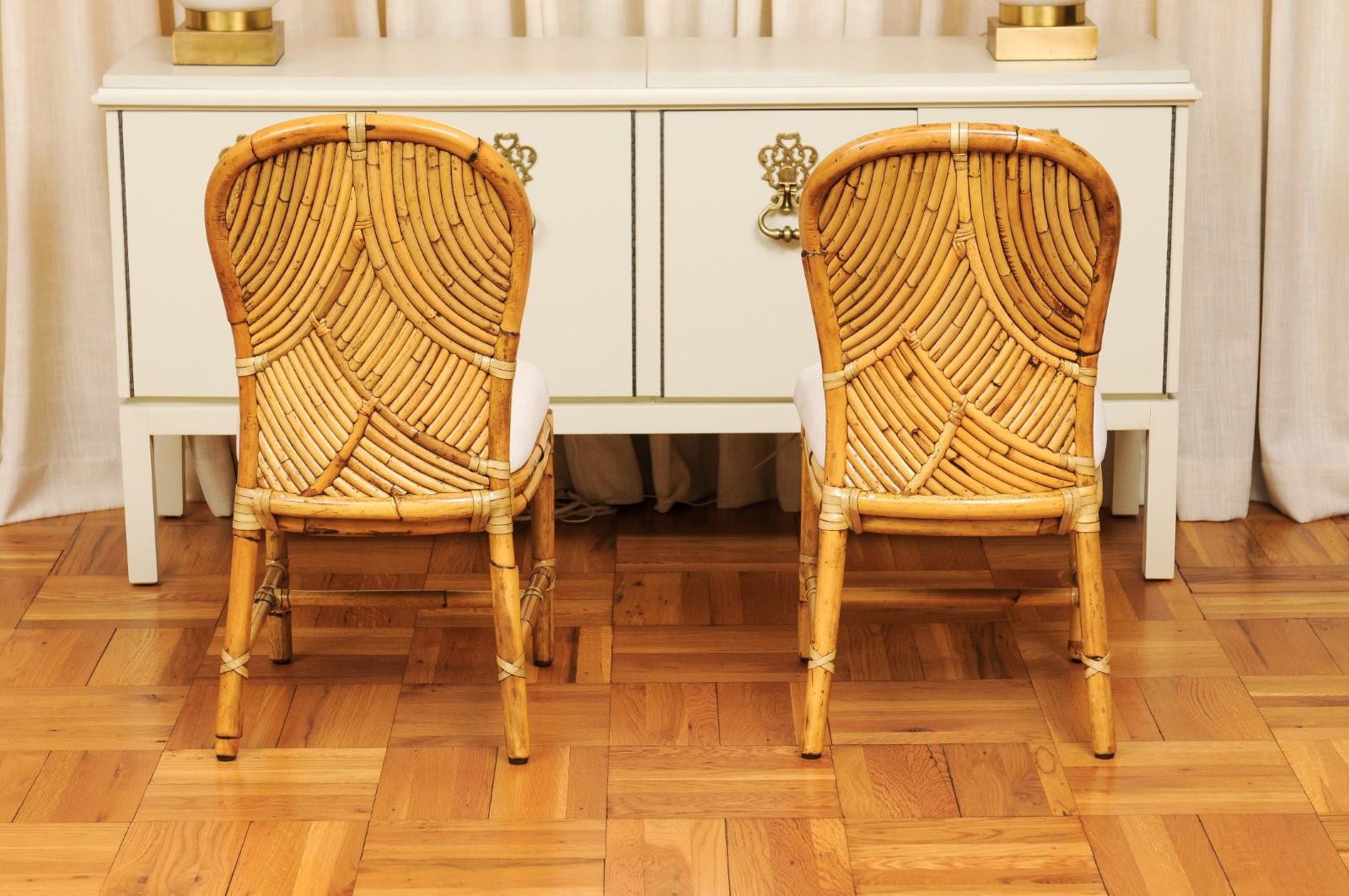 Late 20th Century Stellar Restored Set of 8 Rattan Parquetry Bistro Chairs by McGuire, circa 1975 For Sale