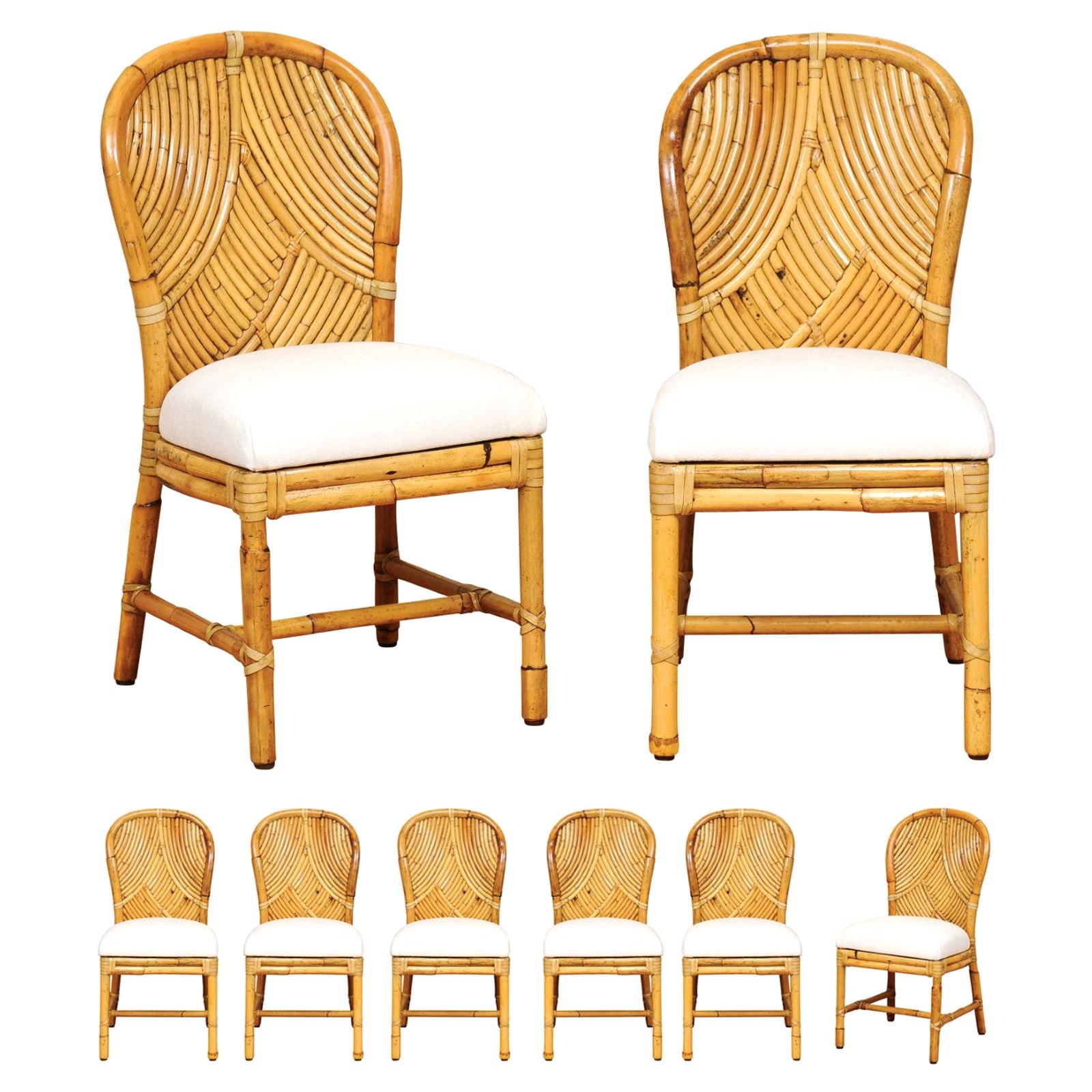 Ensemble Stellar restauré de 8 chaises bistro en parqueterie de rotin par McGuire, vers 1975 en vente