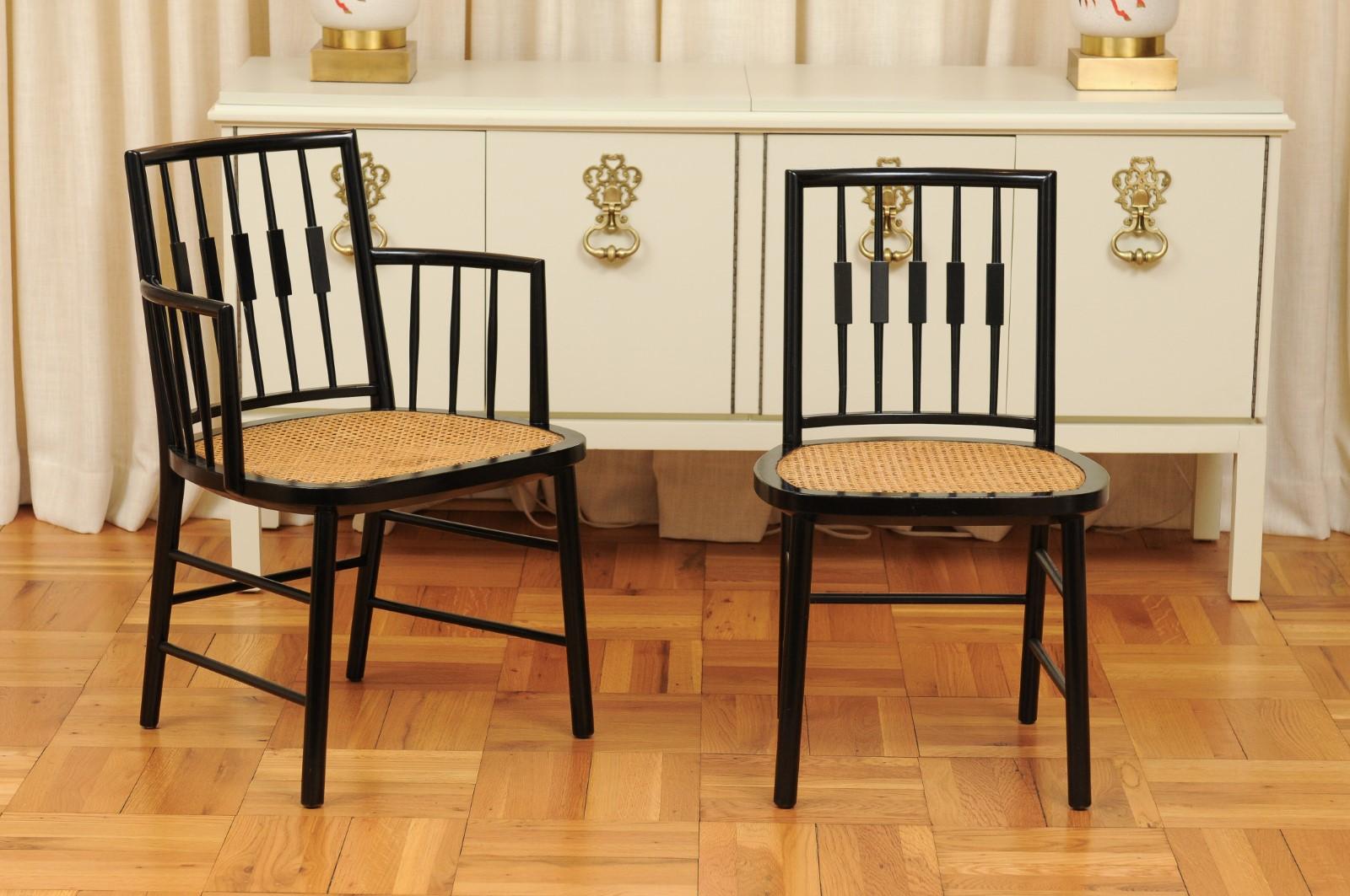 These magnificent dining chairs are shipped as professionally photographed and described in the listing narrative: Meticulously professionally restored and installation ready. New cane seats. Expert custom upholstery service is available.

A