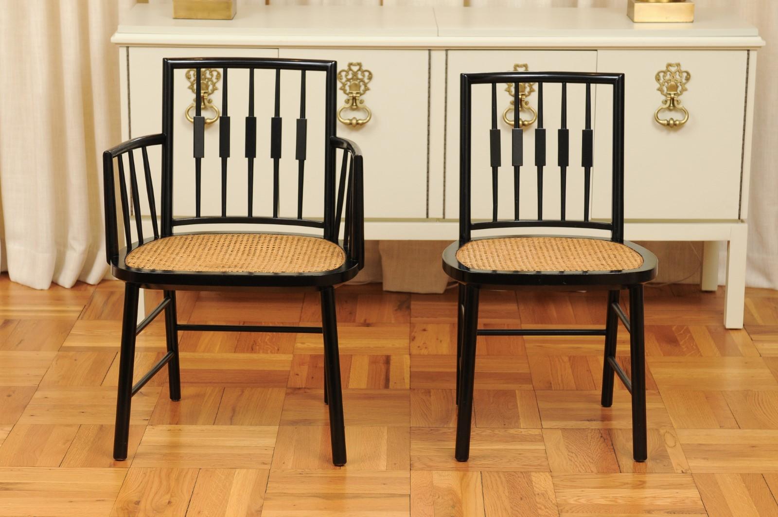 Stellar Set of 12 Modern Windsor Chairs by Michael Taylor, Cane Seats For Sale 2