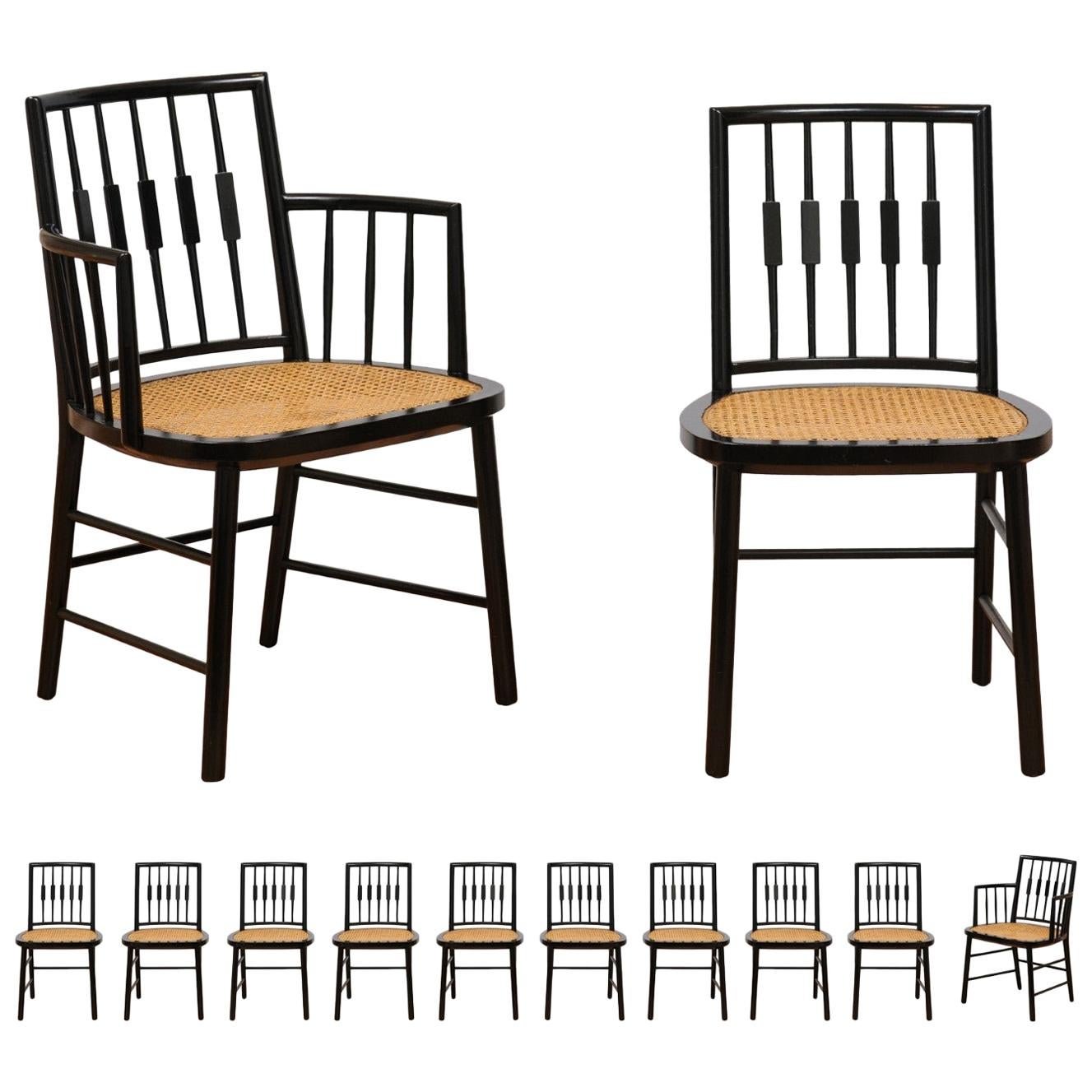 Stellar Set of 12 Modern Windsor Chairs by Michael Taylor, Cane Seats For Sale