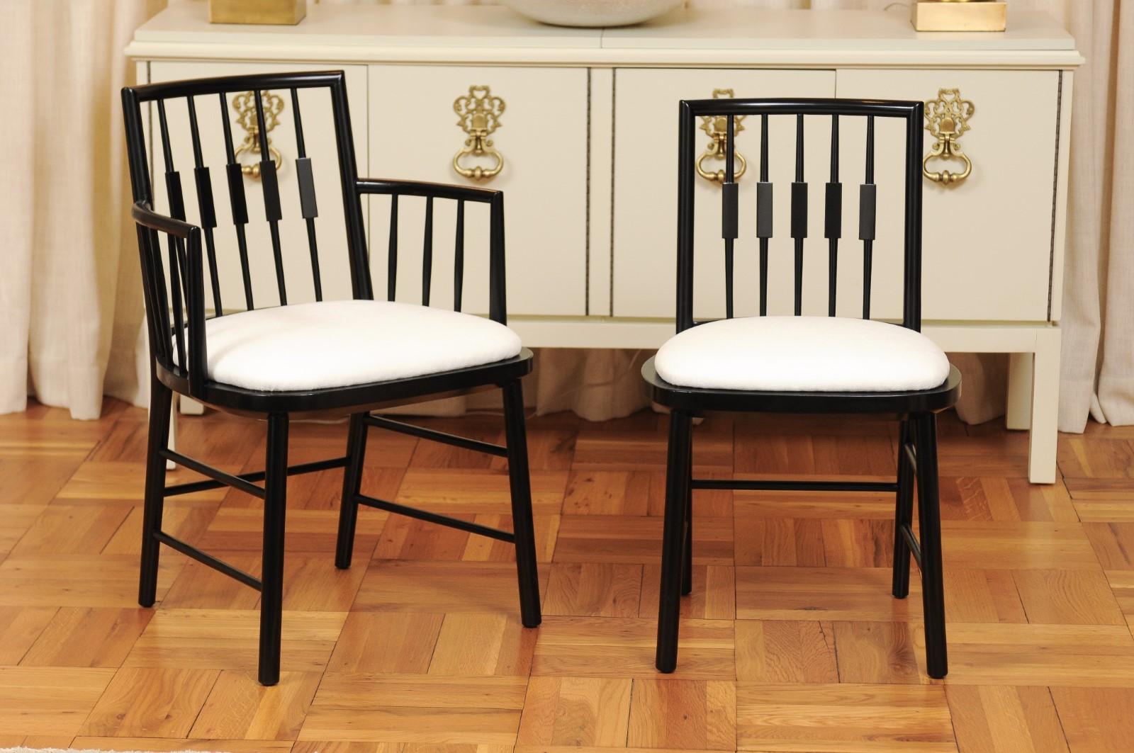 These magnificent dining chairs are shipped as professionally photographed and described in the listing narrative: Meticulously professionally restored and installation ready. Expert custom upholstery service is available.

A fantastic set of twelve