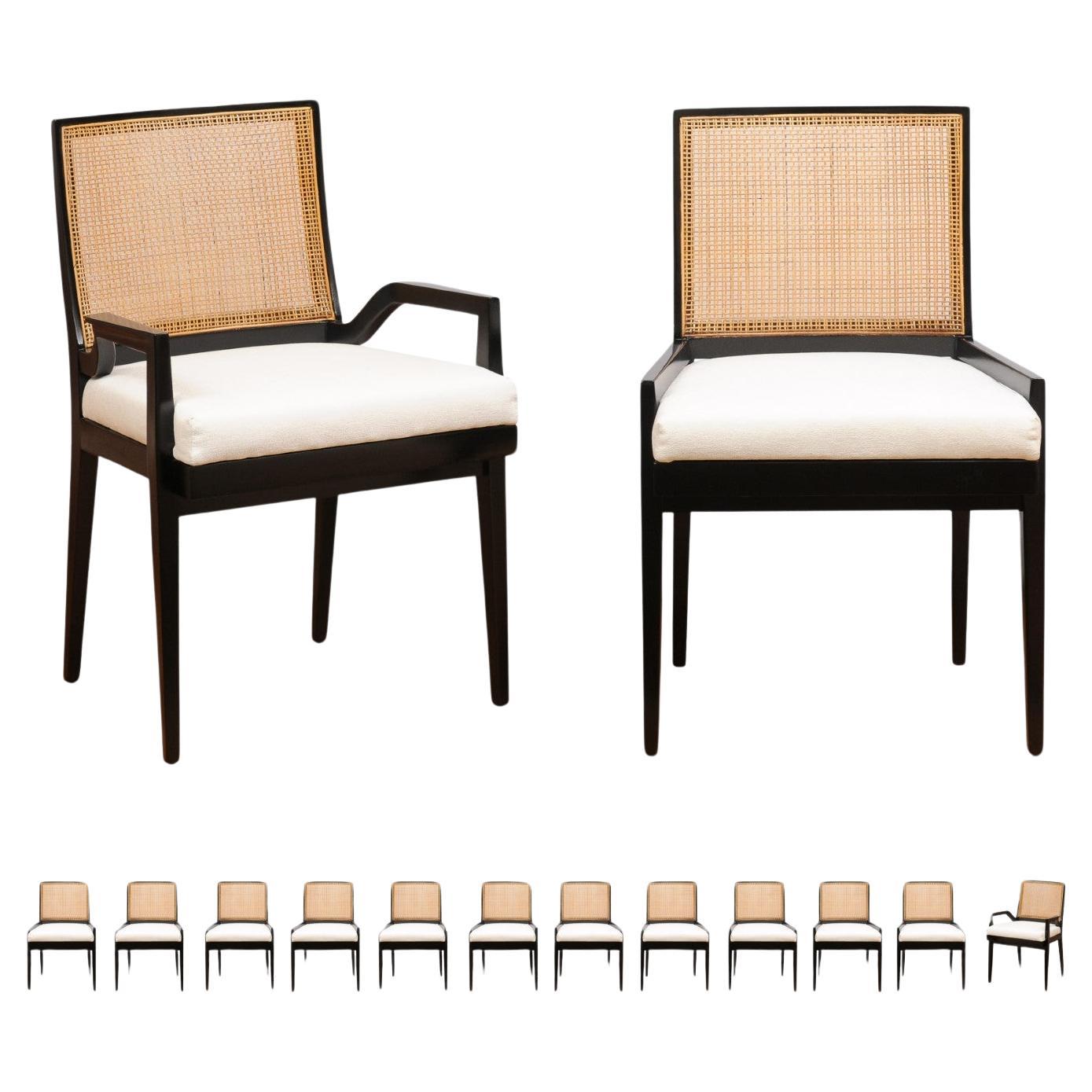 Stellar Set of 14 Black Lacquer Cane Chairs by Michael Taylor, circa 1960 For Sale