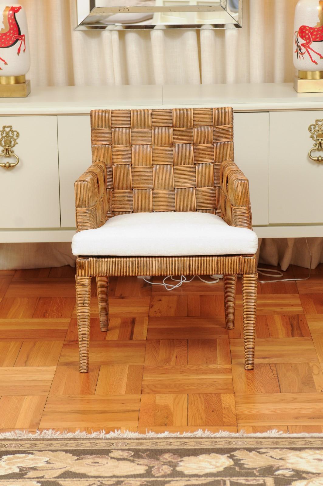 This magnificent unique set of dining chairs is shipped as professionally photographed and described in the listing narrative: Meticulously professionally restored, newly upholstered and completely installation ready. Expert custom upholstery