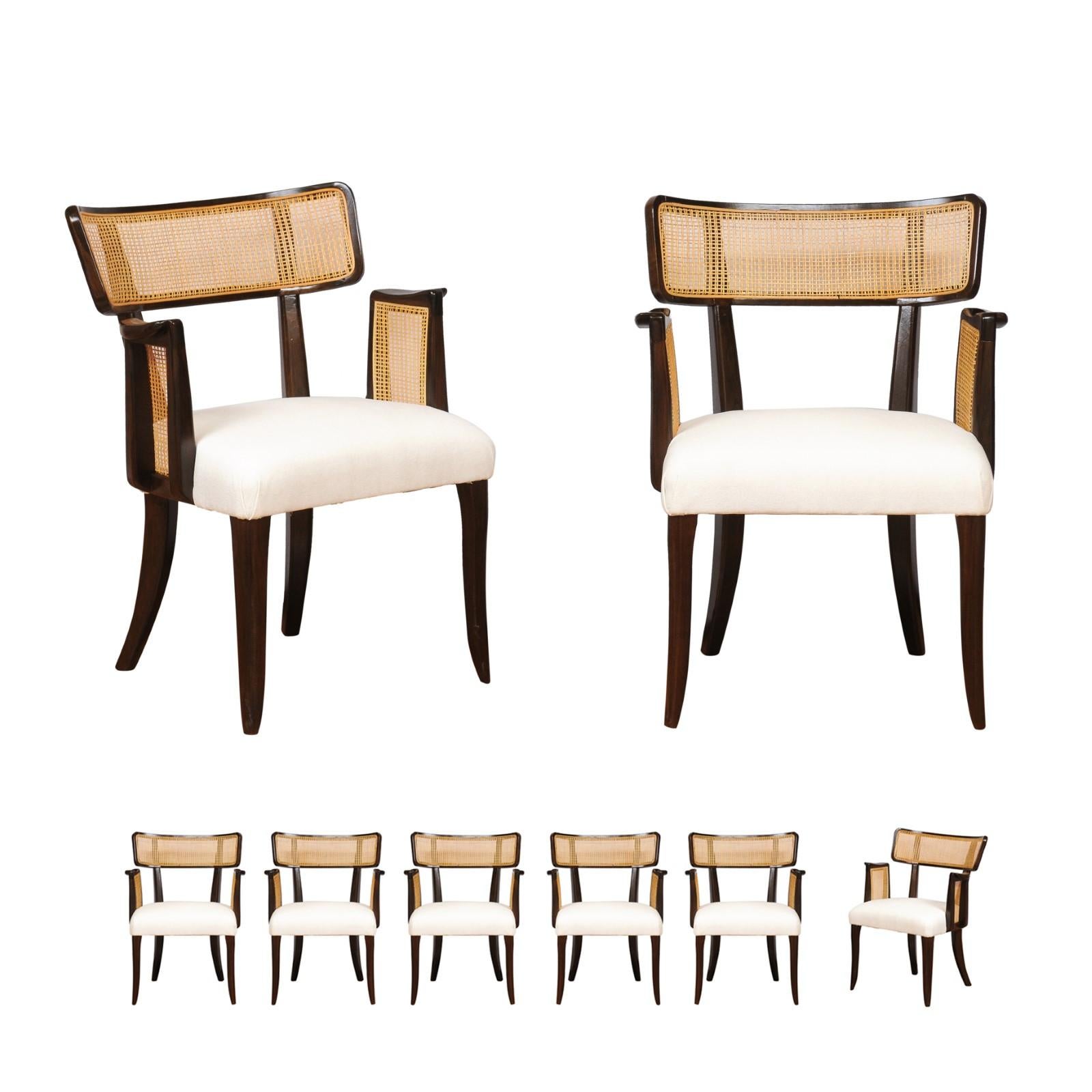 These magnificent dining chairs are shipped as professionally photographed and described in the listing narrative, completely installation ready. This large All Arm set of difficult to find examples is unique on the world market. Expert custom
