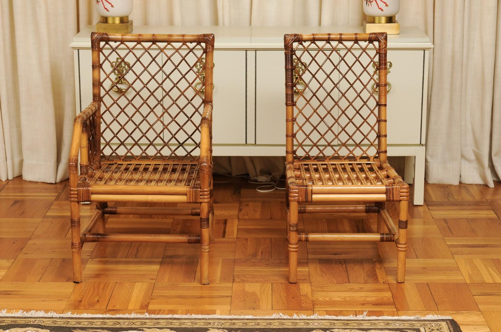 American Stellar Set of 8 Rattan and Cane Dining Chairs by Bielecky Brothers, circa 1975 For Sale