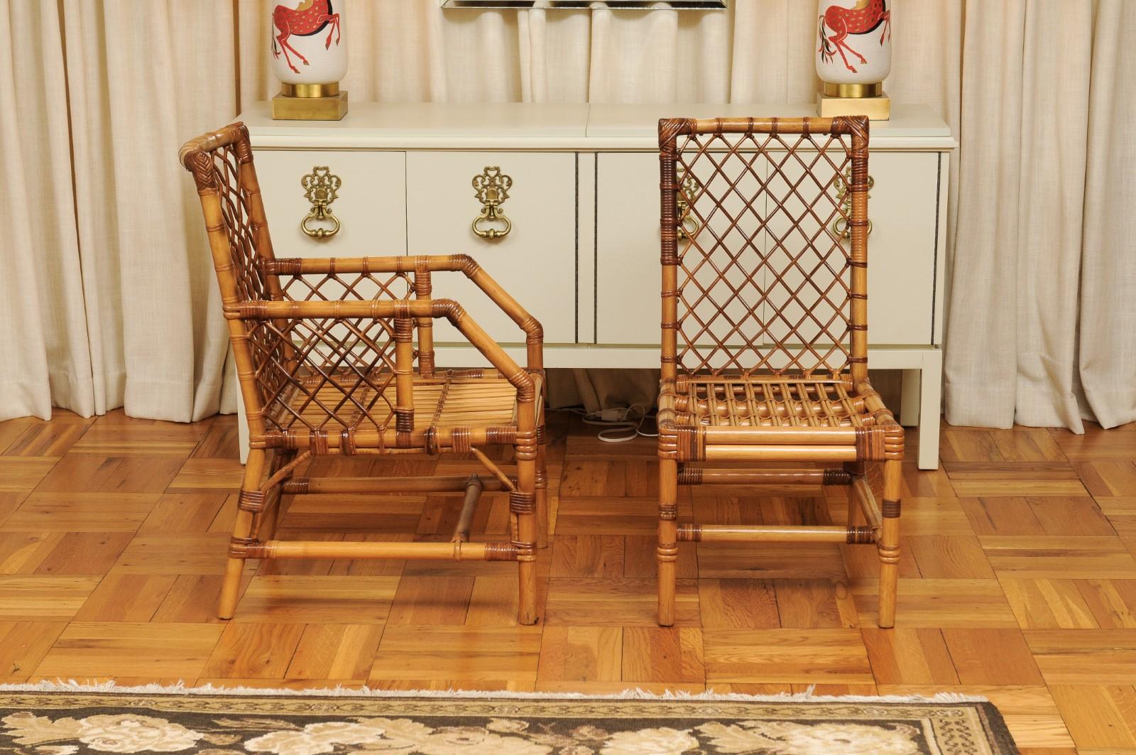 Stellar Set of 8 Rattan and Cane Dining Chairs by Bielecky Brothers, circa 1975 In Excellent Condition For Sale In Atlanta, GA