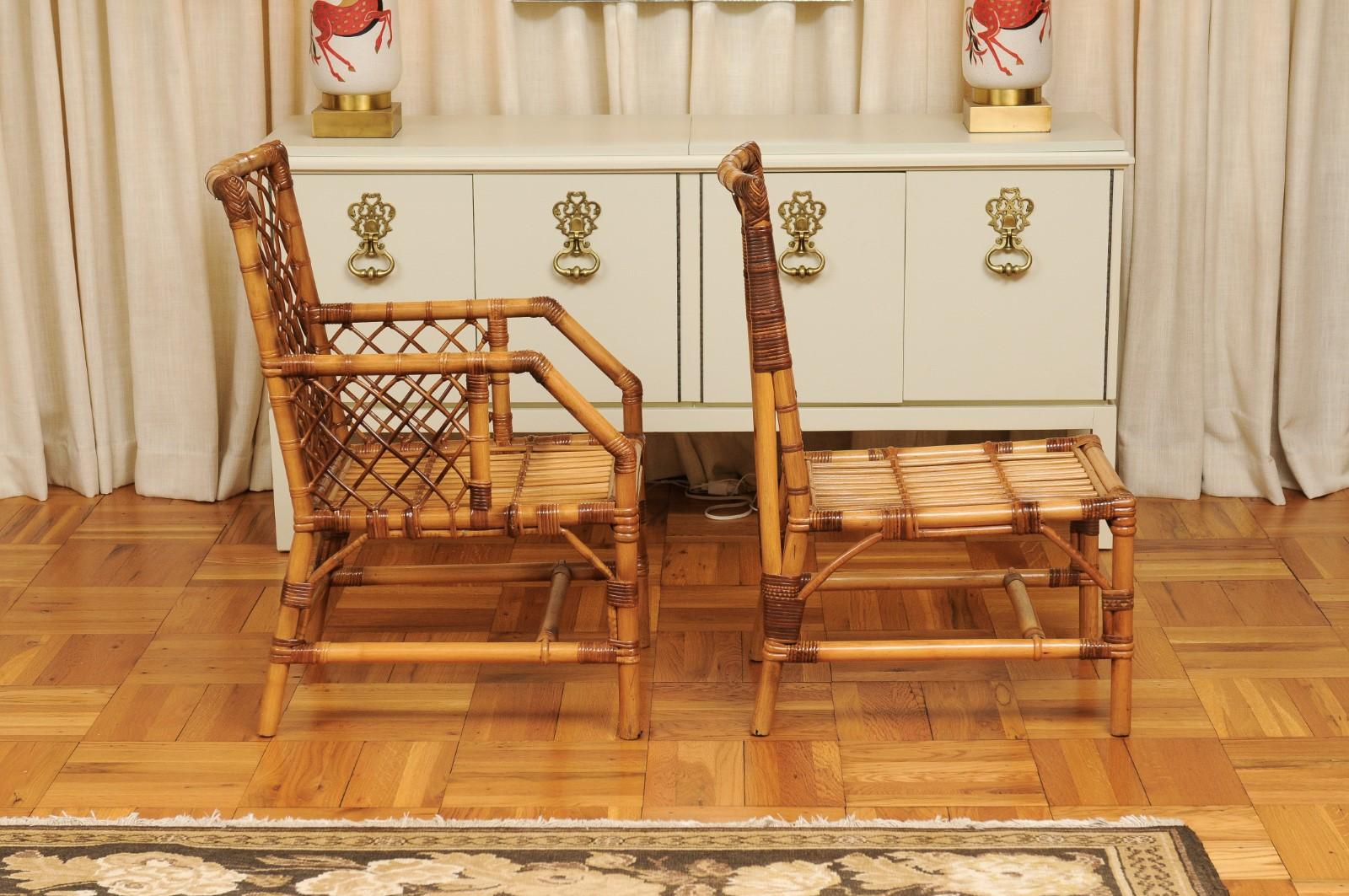 Late 20th Century Stellar Set of 8 Rattan and Cane Dining Chairs by Bielecky Brothers, circa 1975 For Sale