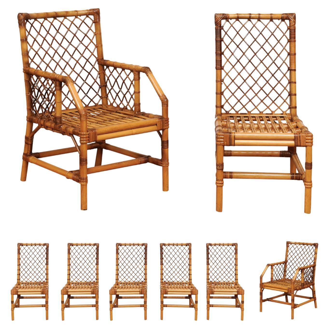 Stellar Set of 8 Rattan and Cane Dining Chairs by Bielecky Brothers, circa 1975 For Sale
