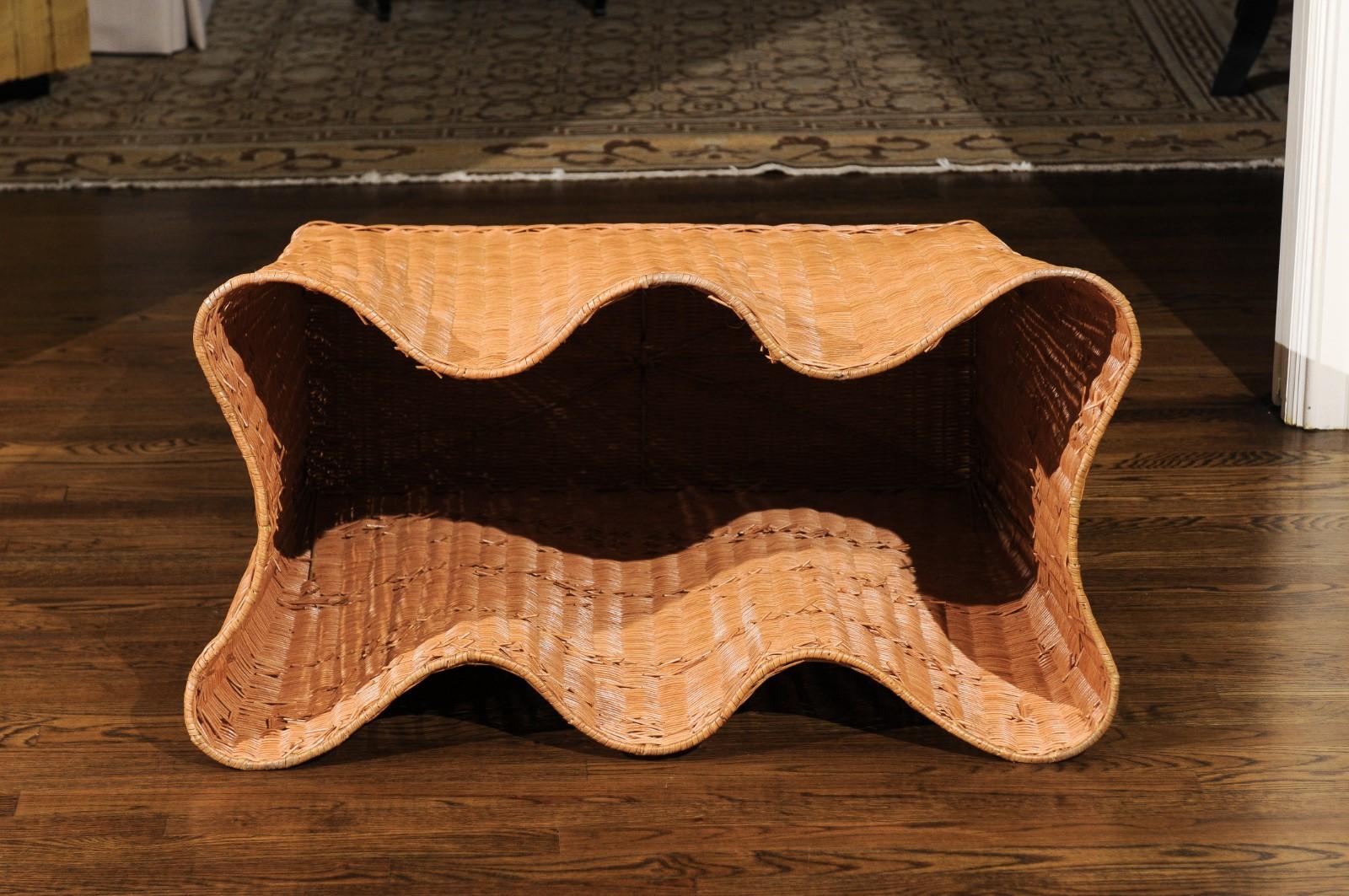 Stellar Vintage Trompe L'oiel Drape Wicker Console Table 5