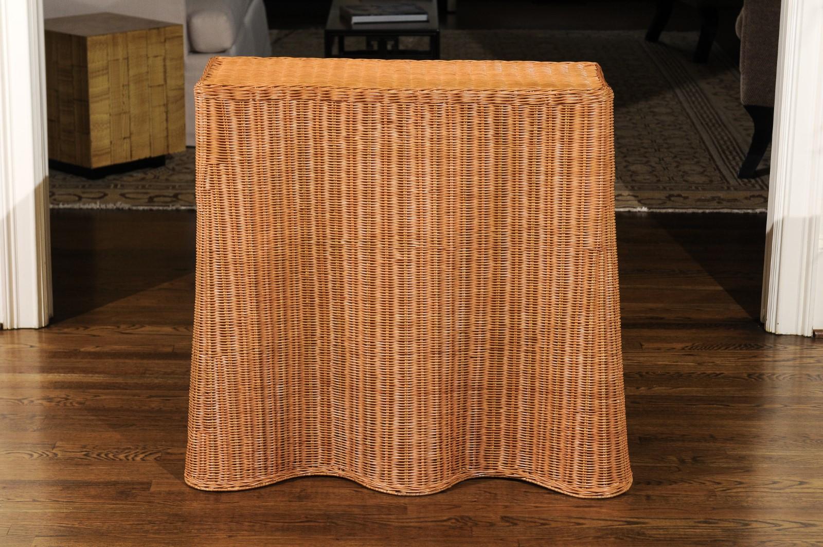 Mid-Century Modern Stellar Vintage Trompe L'oiel Drape Wicker Console Table