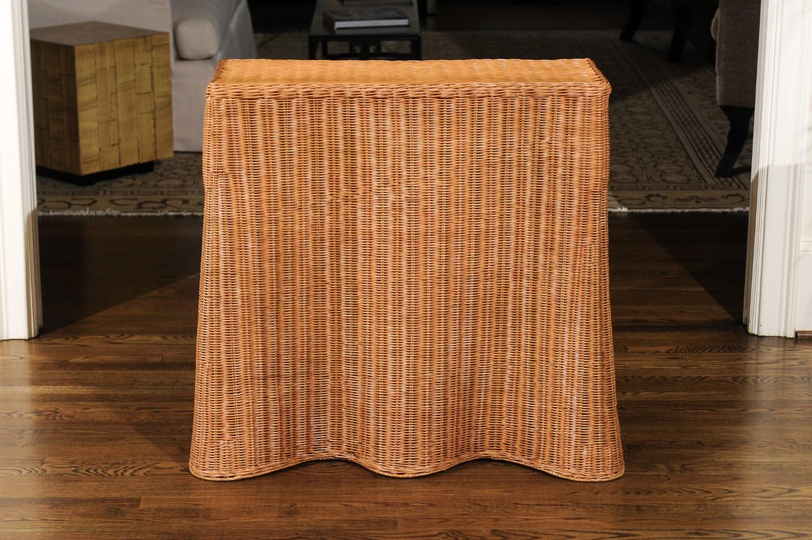 Stellar Vintage Trompe L'oiel Drape Wicker Console Table In Excellent Condition In Atlanta, GA