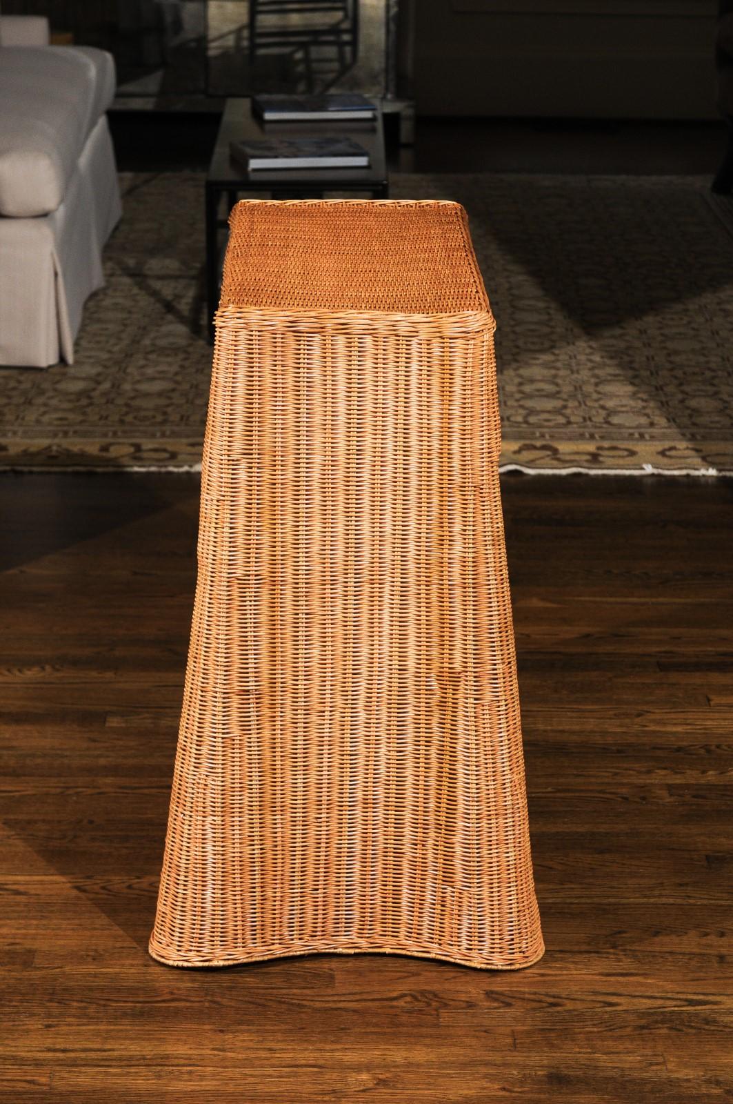 Late 20th Century Stellar Vintage Trompe L'oiel Drape Wicker Console Table