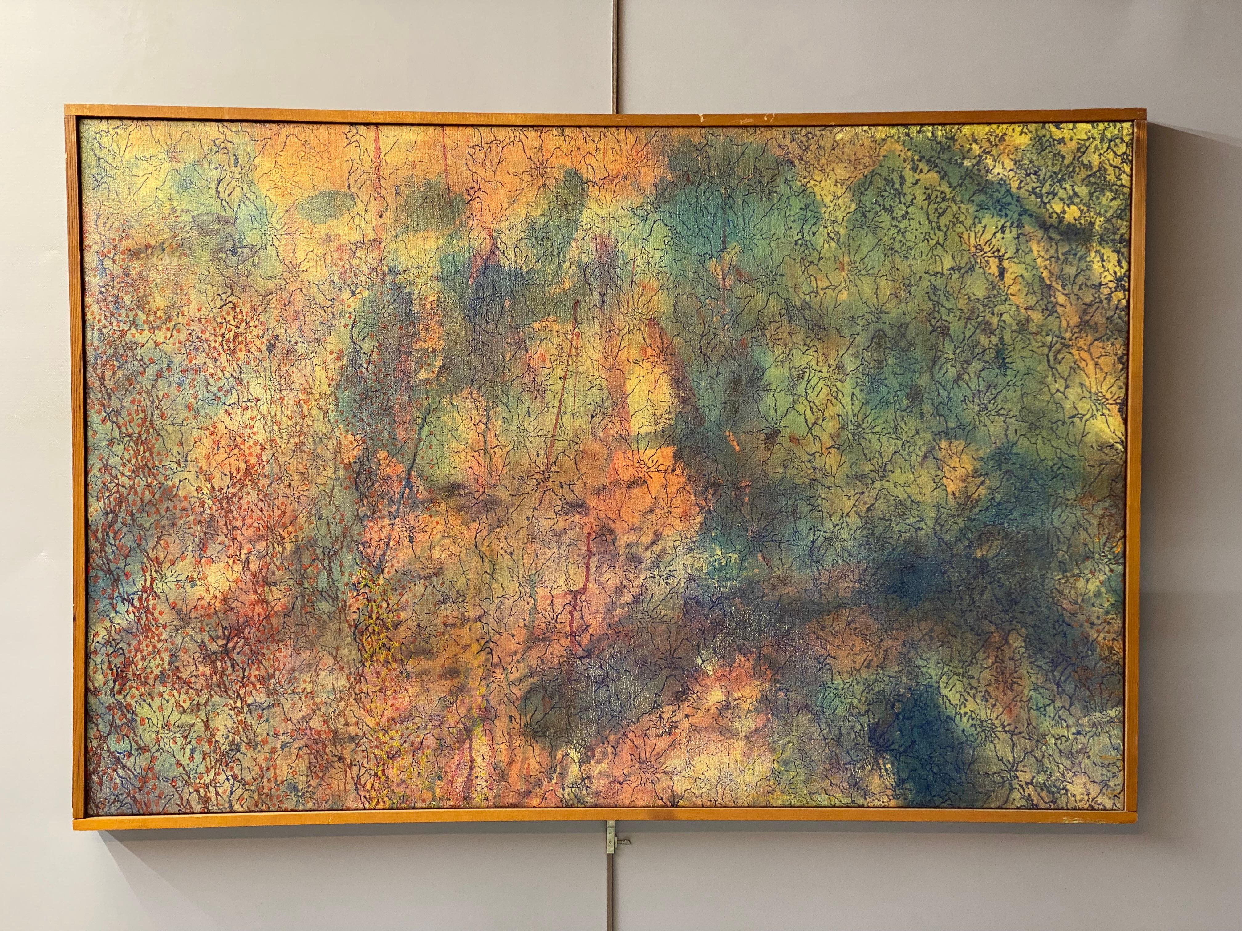 Gran cuadro abstracto posmoderno sobre lienzo. Titulado en la camilla. Sin firmar. Posiblemente témpera o medio acrílico. 

Las medidas aproximadas totales con el marco son 2,5