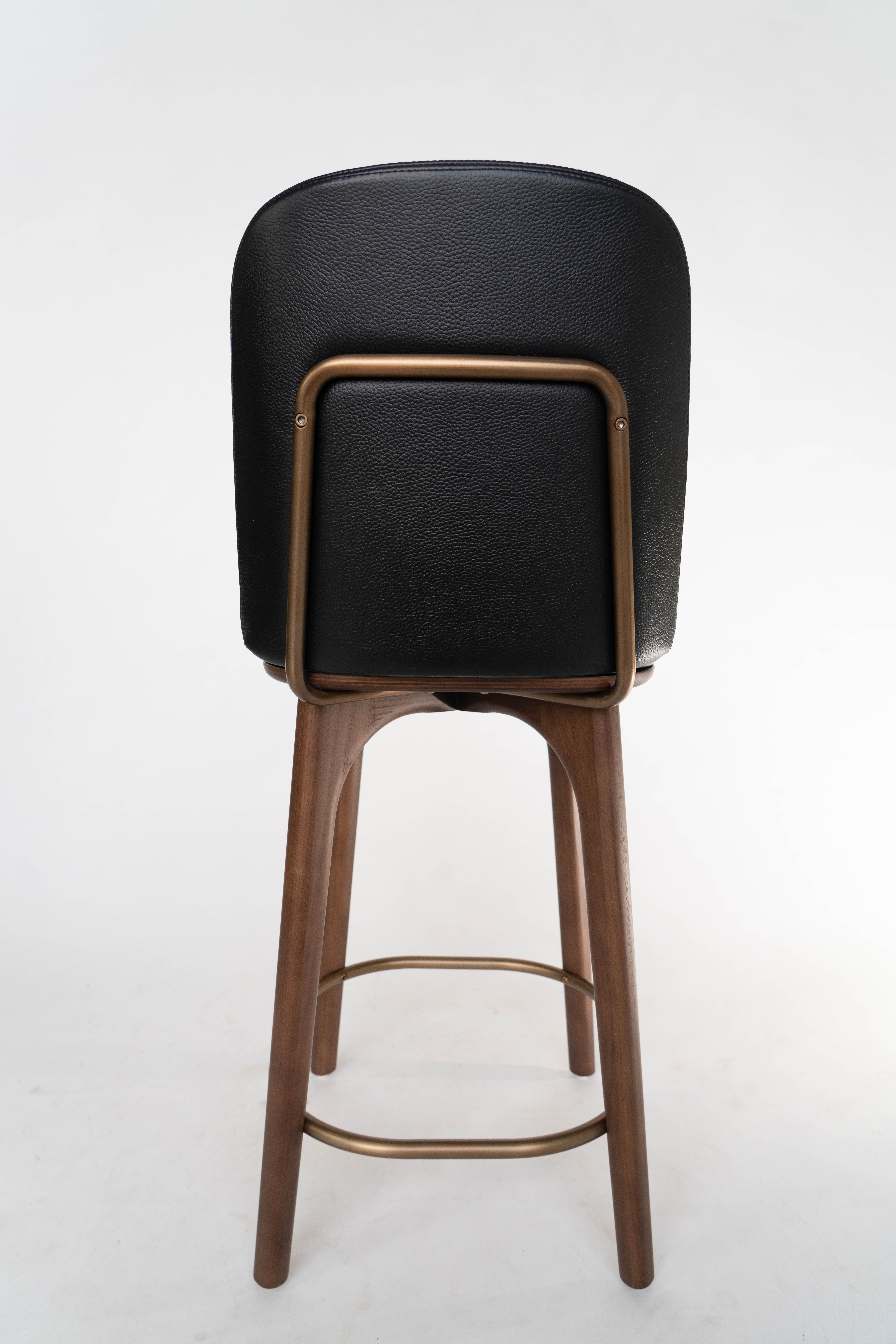 Industrial Stellar Works Utility Counter Chair Walnut stained Ash, Caress Black Leather For Sale