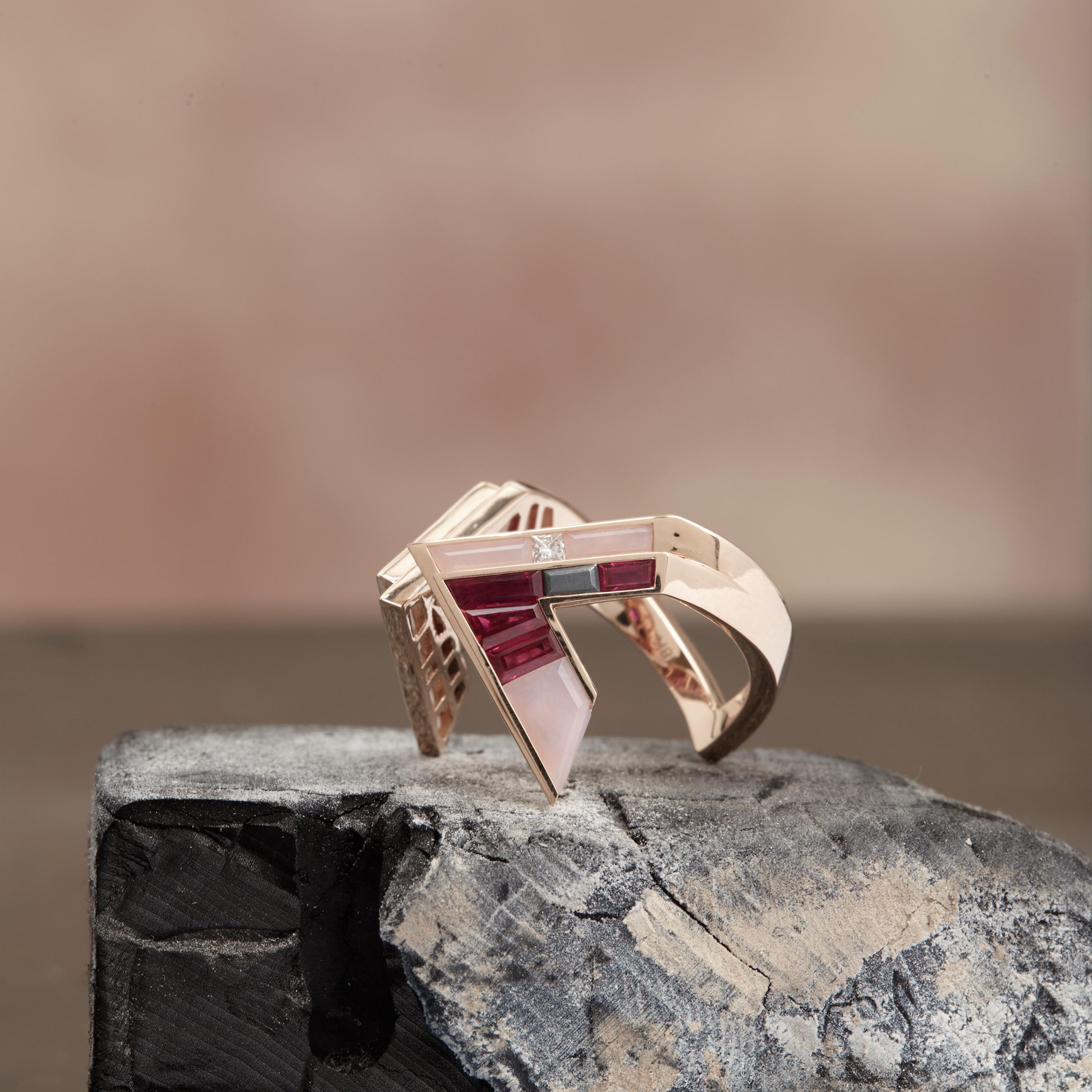 Contemporary  Stellar X Ring with Rubies, Diamonds and Pink Opal For Sale