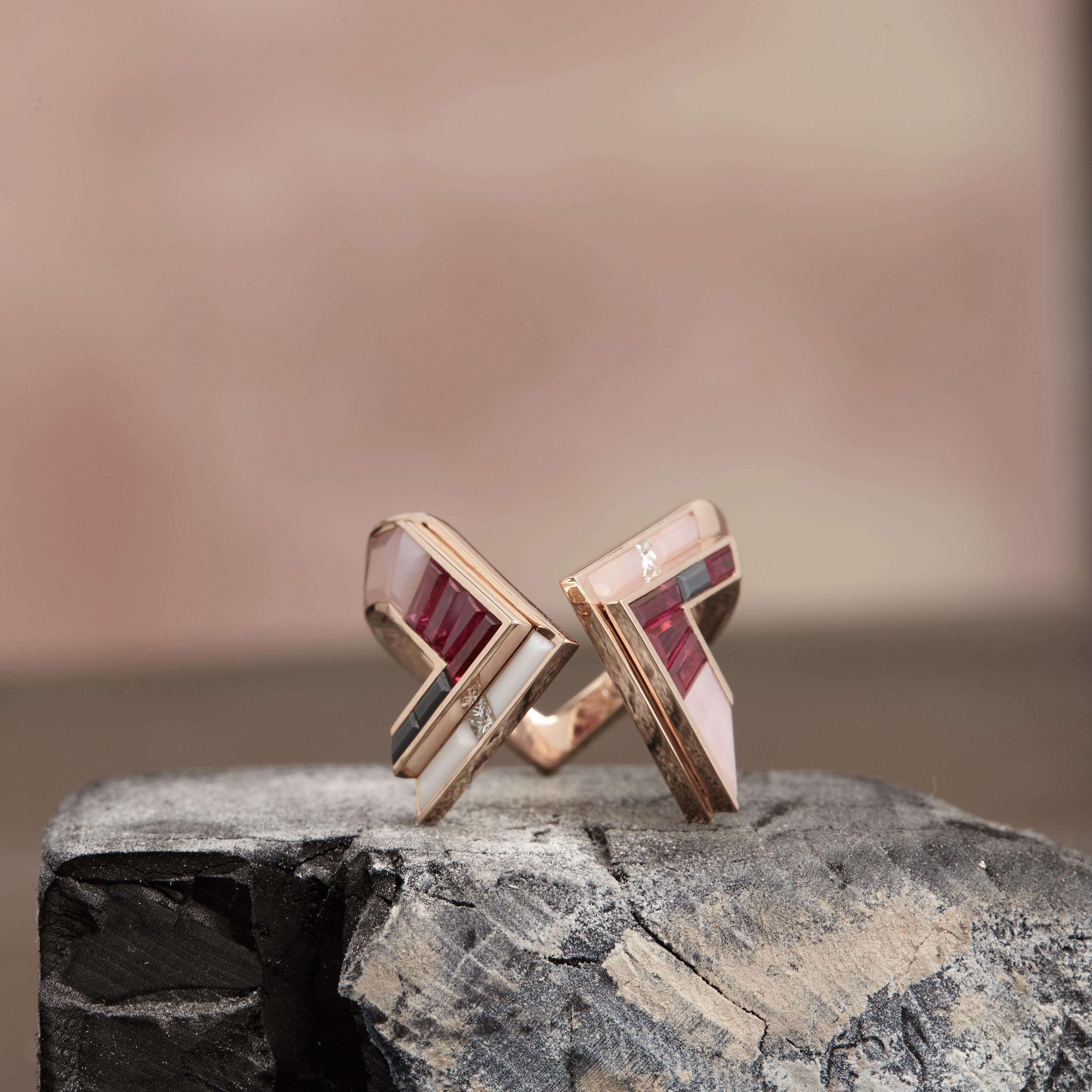 Baguette Cut  Stellar X Ring with Rubies, Diamonds and Pink Opal For Sale