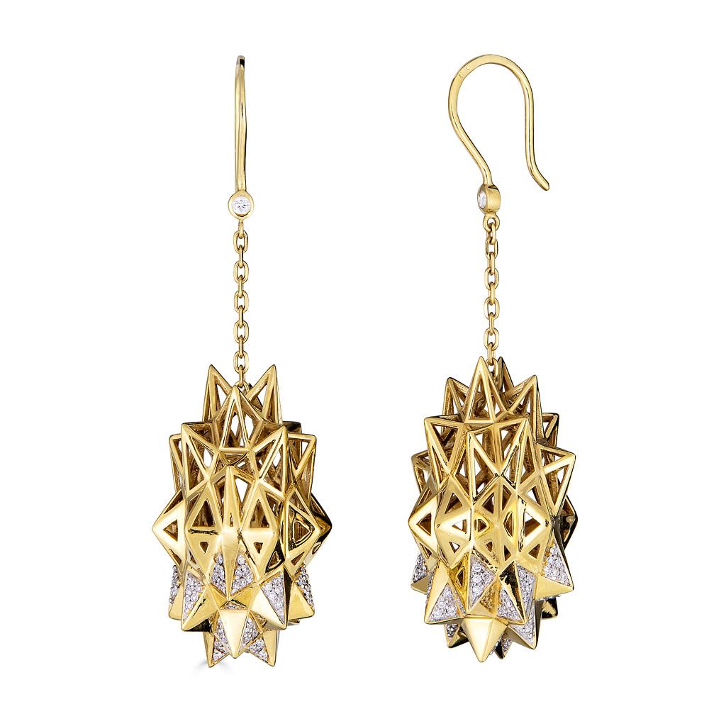 Round Cut Stellated Diamond Gold Dangle Earrings For Sale