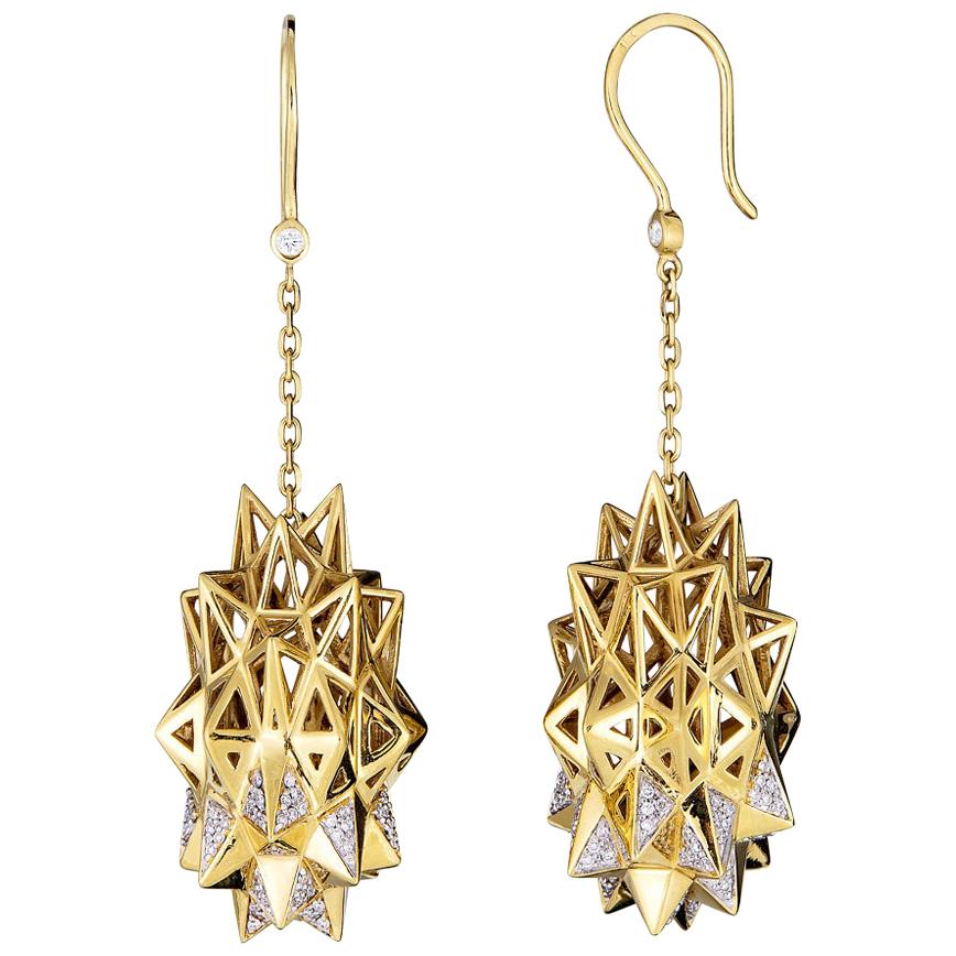 Stellated Diamond Gold Dangle Earrings
