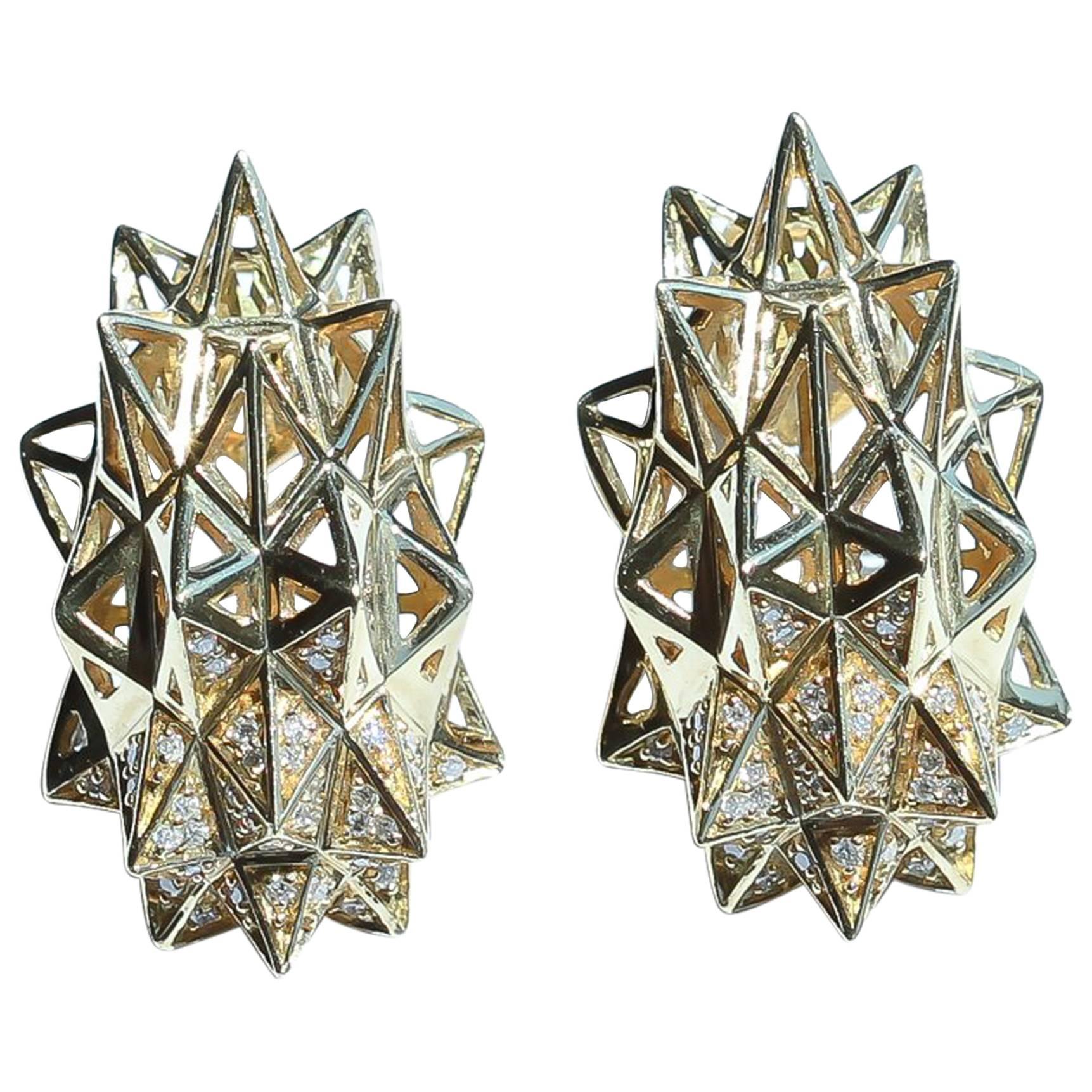 Women's Stellated 18K Gold and Diamond Stud Earrings For Sale