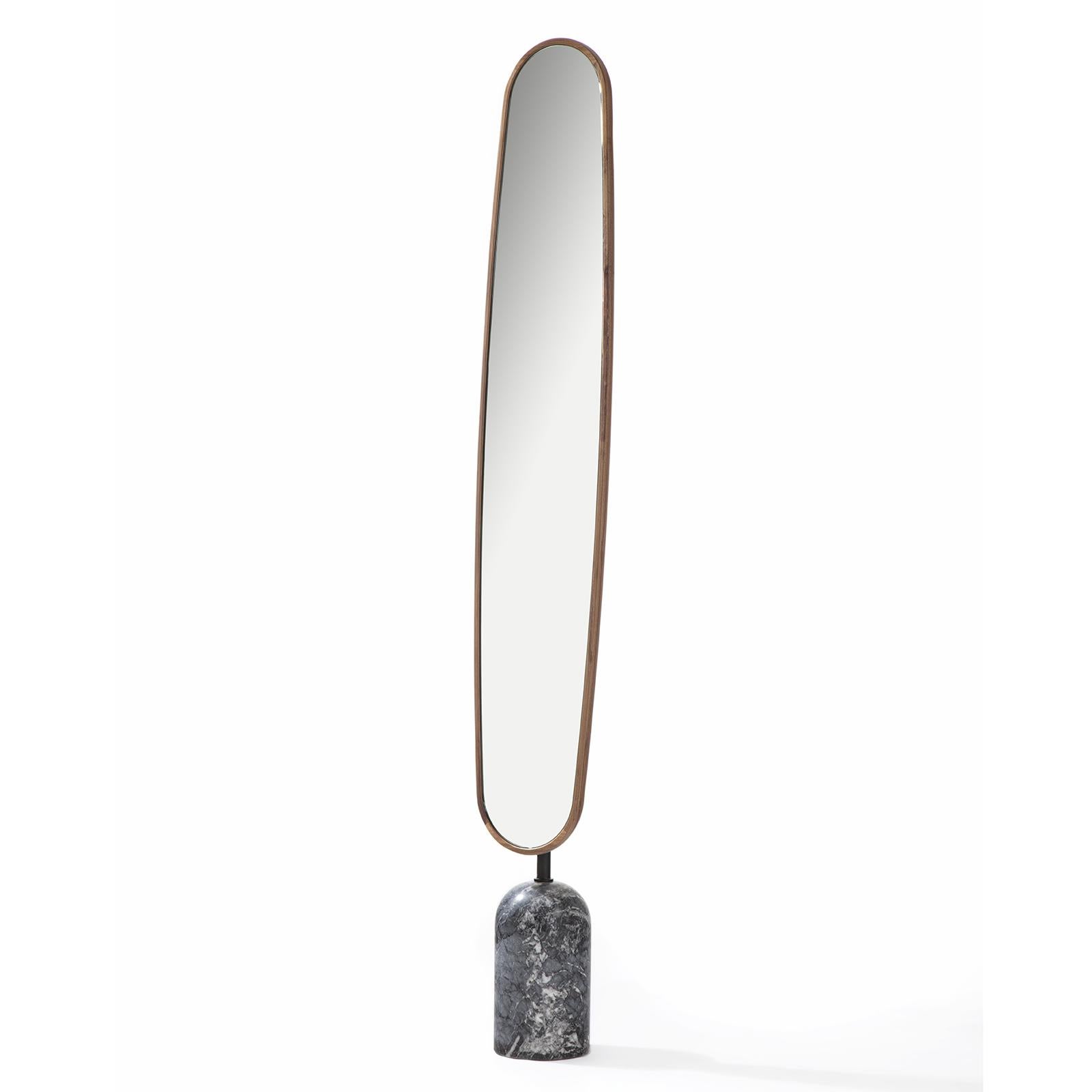 Mirror Stelle with grey marble base and with oval mirror
with solid walnut frame. With metal pole in tin finish at
the mirror back.