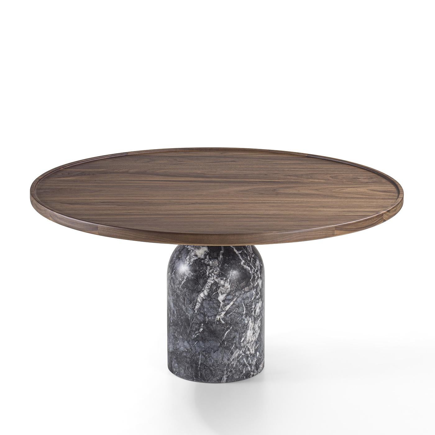 Coffee table stelle round with Carnico dark
Grey marble base with black matte metal rod.
Base is 19cm diameter. With square solid walnut
Rounded top.