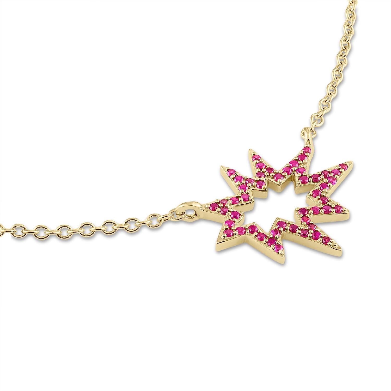Sunny and bright! Our iconic matte gold Stellina necklace is fresher than ever in its Stellina Nova incarnation. This version features gorgeous pavé rubies for some elegant razzle dazzle. Hanging on a delicate gold chain, this piece is made to