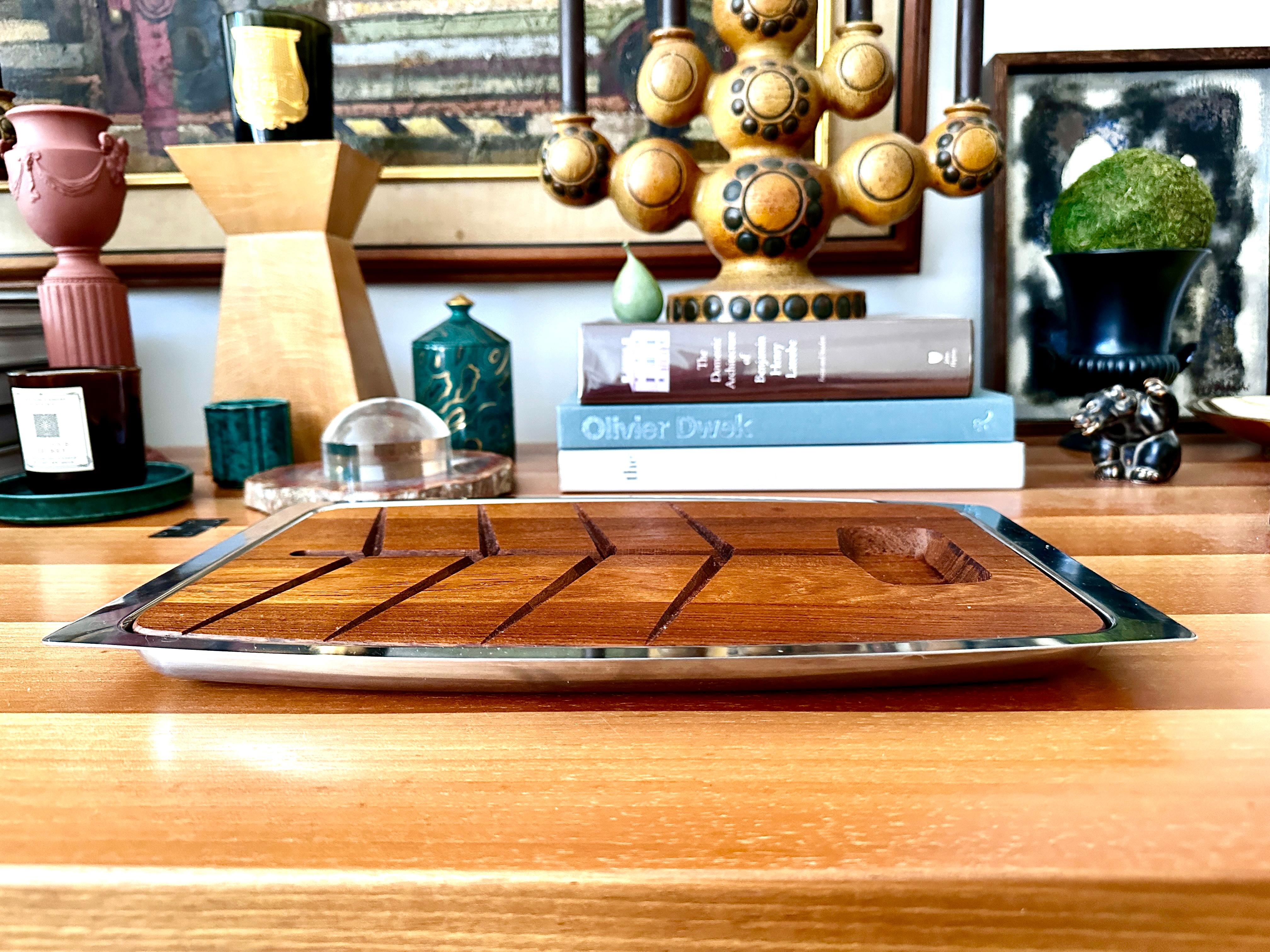 Danish Stelton Stainless Steel And Teak Serving Tray For Sale