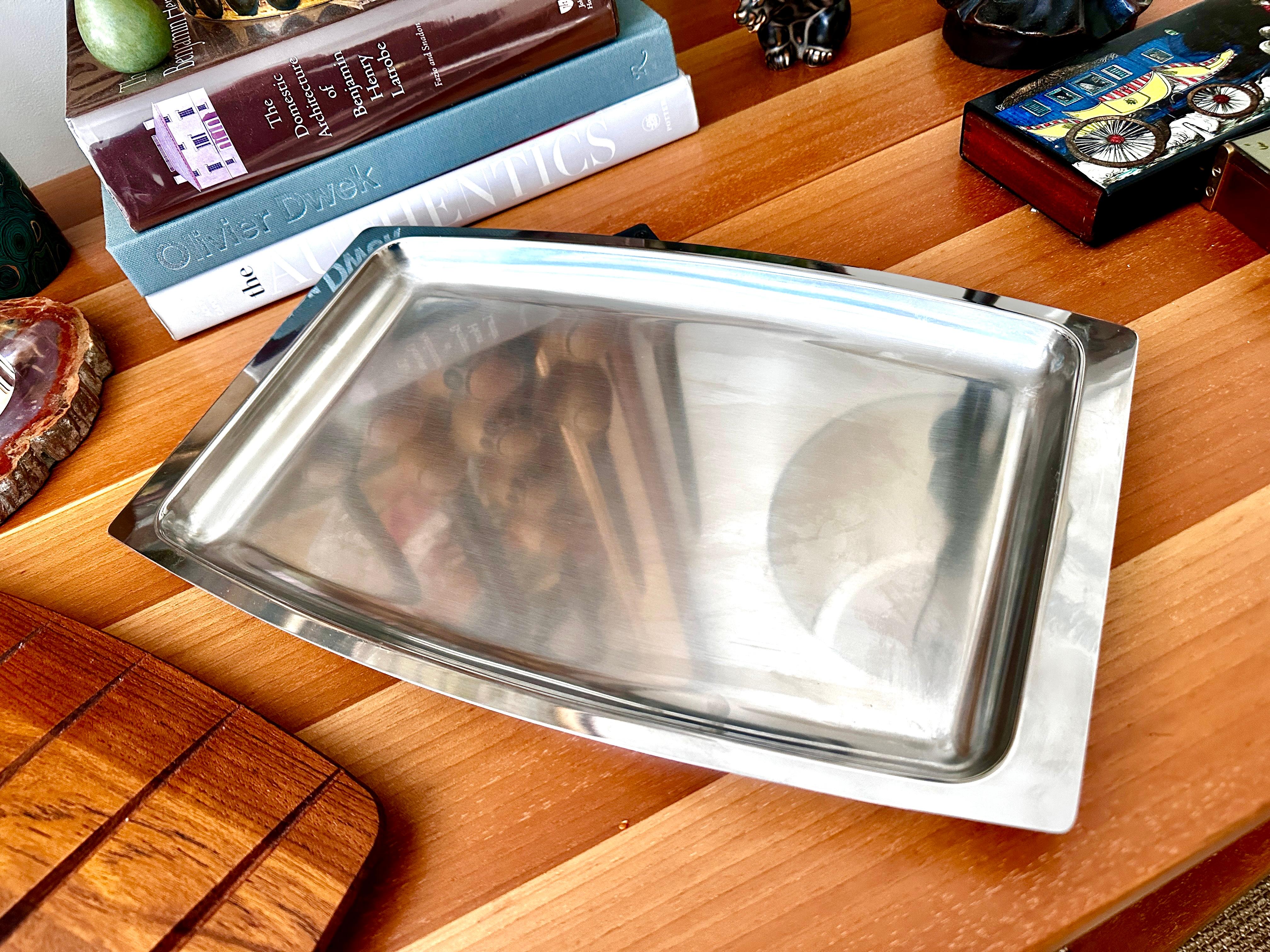 Stelton Stainless Steel And Teak Serving Tray In Good Condition For Sale In Doraville, GA