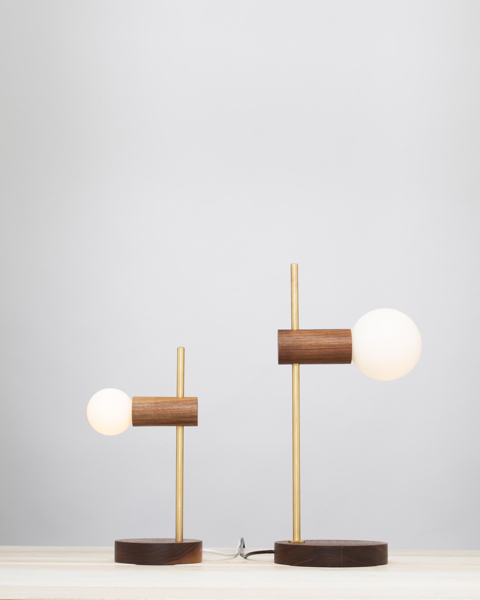 Contemporary Stem Brass and Walnut Table Lamp, Sphere II Dim to Warm Bulbs, Lighting, Small