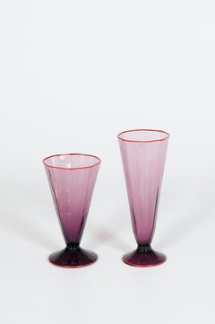 Stem Glasses' Pair  in Amethyst Blown Murano Glass and Coral Borders Italy 1960s