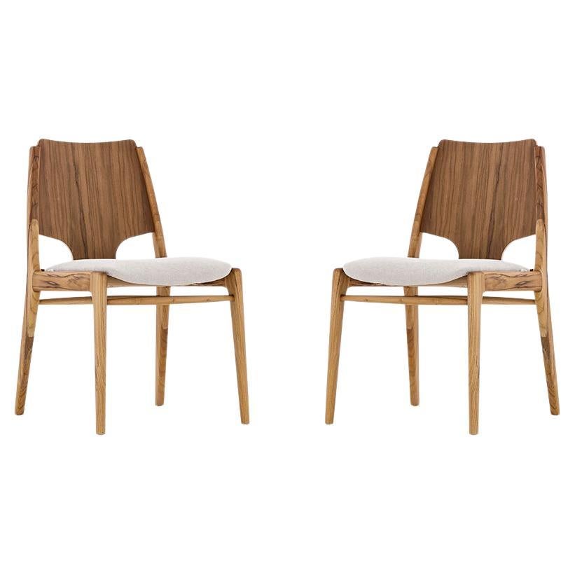 Pair of Dining Chairs in Teak Wood with Light Beige Cotton Fabric - Stemma Line