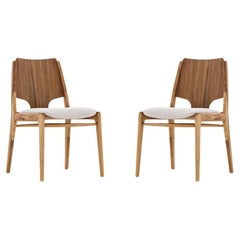 Stemma Dining Chair in Teak and Light Beige Cotton Fabric, Set of 2