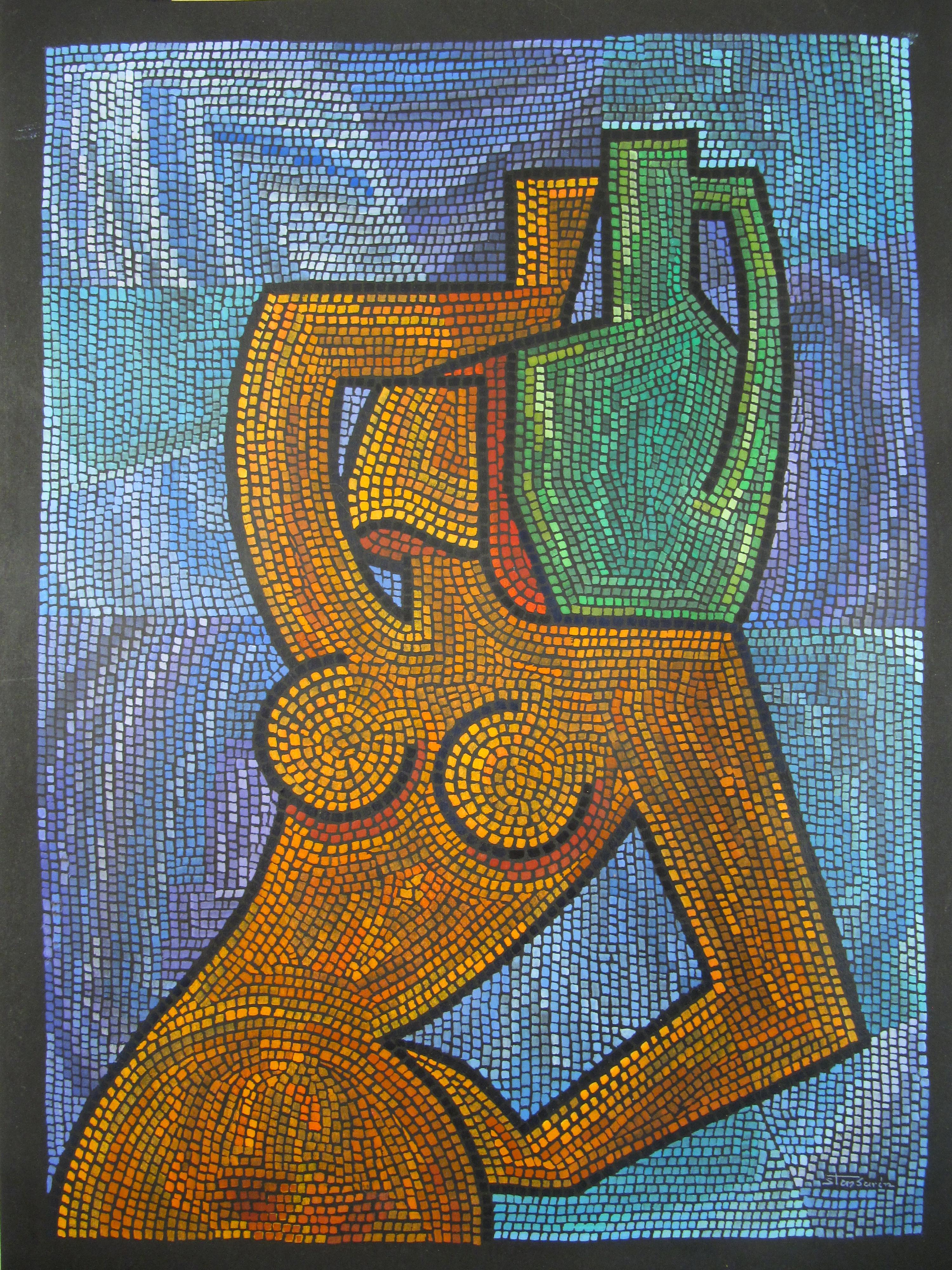 (Bo Arvid) Sten Burén
(Swedish, ∗ 12th July 1909, Södra Munkarp; † 31st January 1993, Burlöv)

Female Nude carrying an Amphora

•	Mosaic style painting in either gouache and/or oil paint on thick paper, ca. 50 x 35 cm
•	Image size ca. 43 x 31