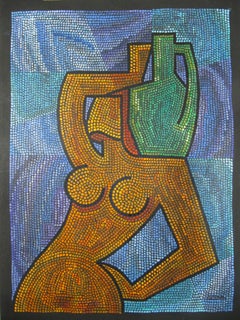Retro Sten Burén ( 1909 – 1993 ) – Cubist Pointillist Nude Painting Sweden c. 1960