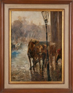 Horses with carriage waiting by the street lantern by Gustaf Ankarcrona