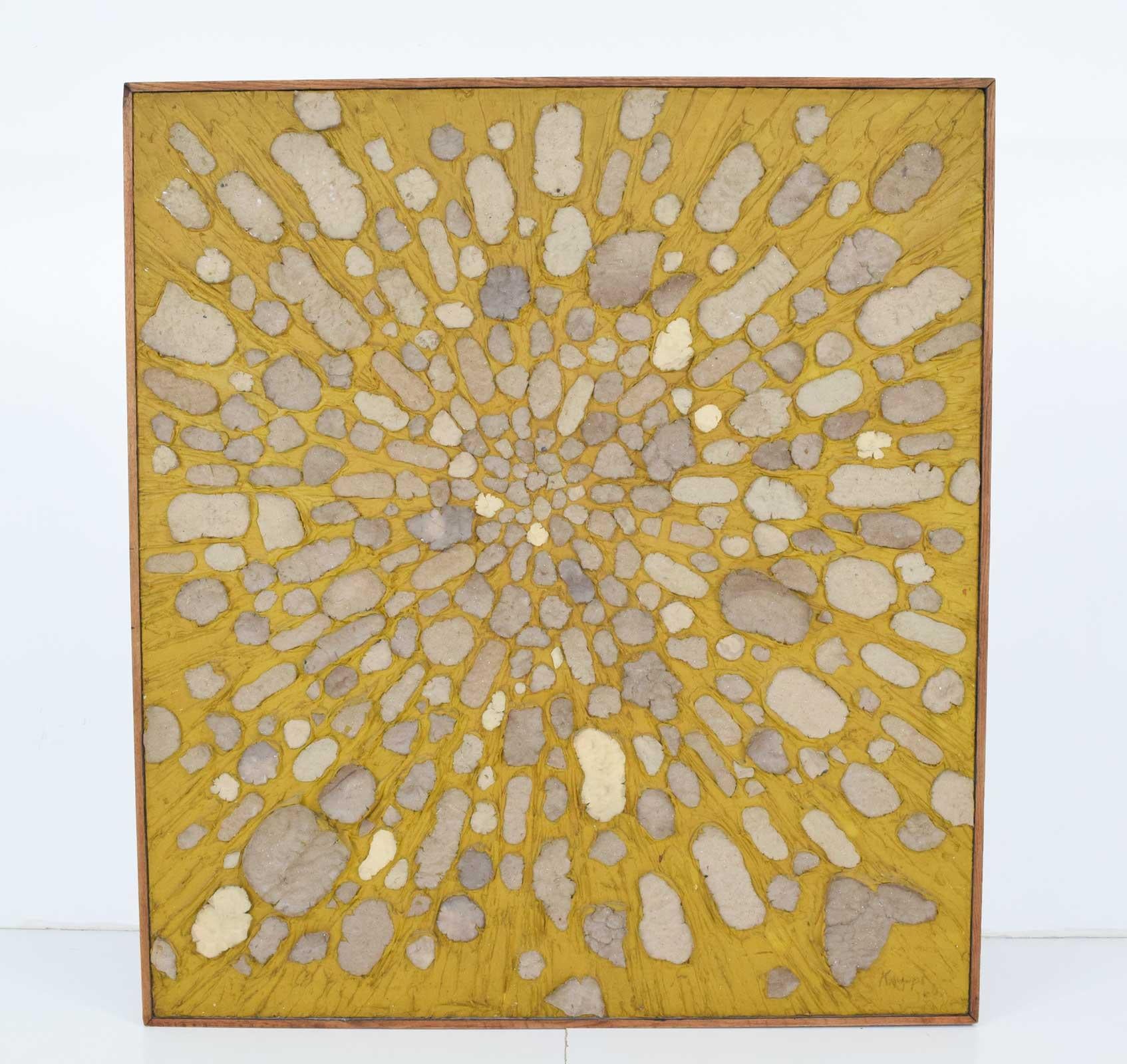 Kauppi Sten, (Swedish, 1922-2002): Abstract pottery medallions in a star burst pattern radiating from center, mustard yellow composite ground, mixed-media/wood panel, incised signature lower right, dated 1969, overall framed 54.75