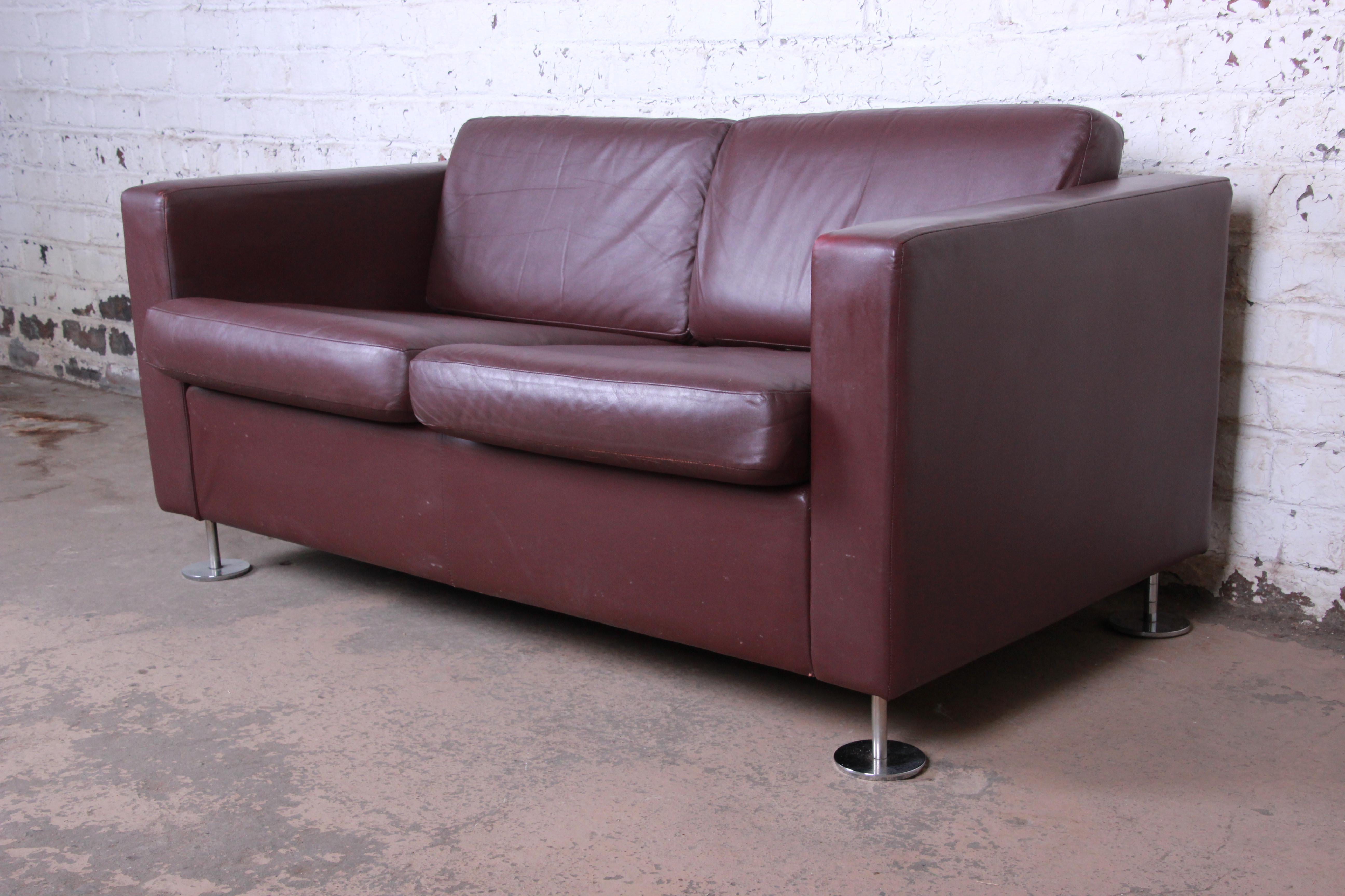 Mid-Century Modern Stendig Leather Tuxedo Loveseat, Made in Switzerland