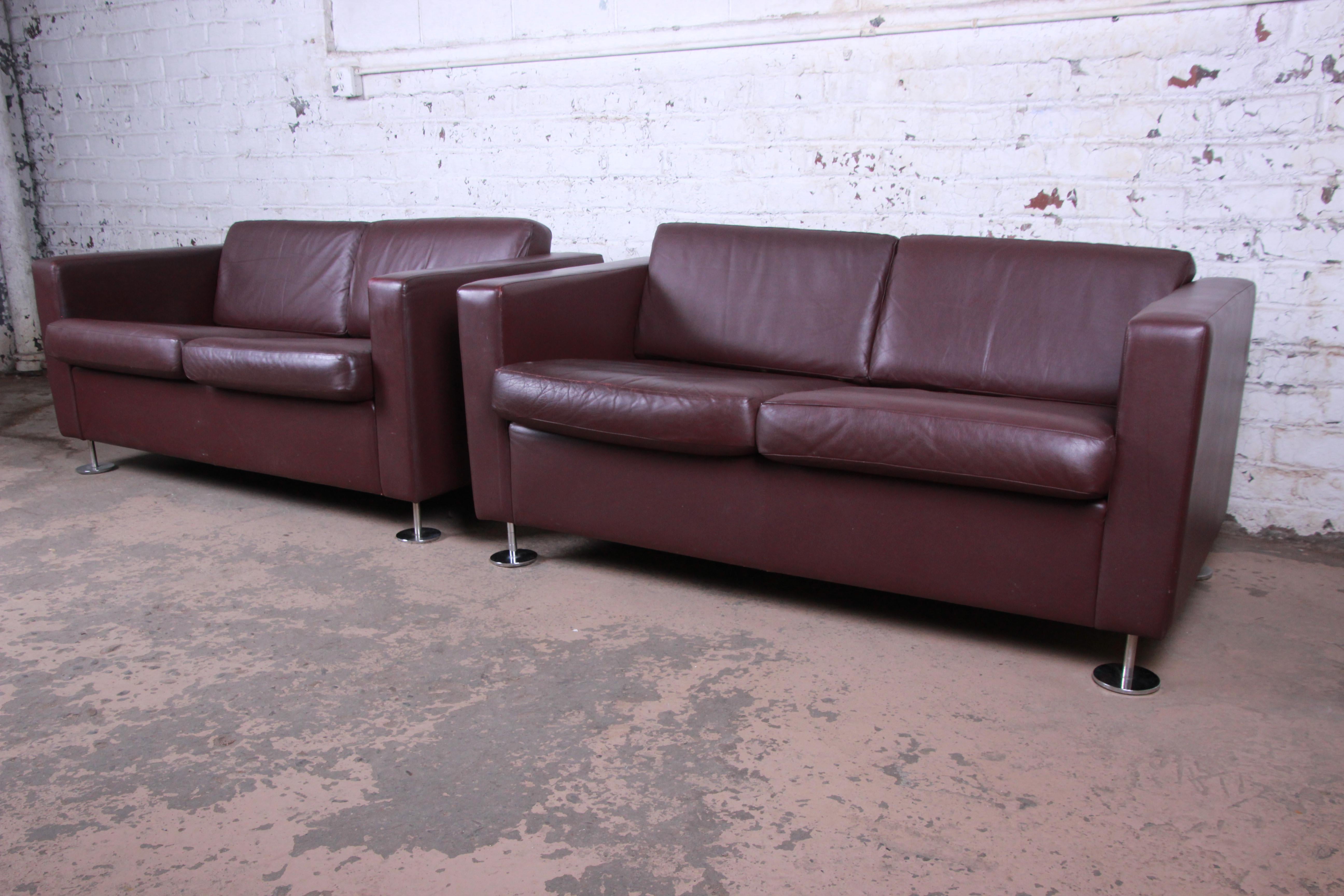 Mid-Century Modern Stendig Leather Tuxedo Love Seats, Pair