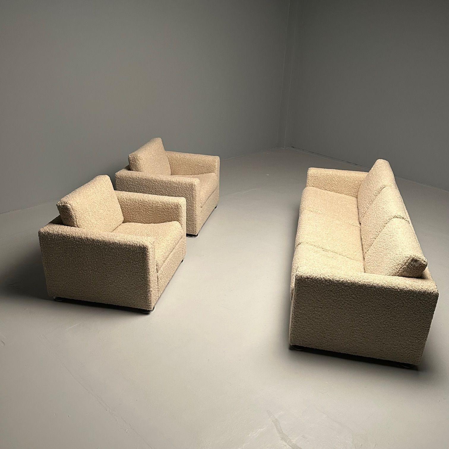 Sofa & Pair Cube Chairs by Stendig, Switzerland, New Sheepskin Boucle, Mid Century Modern, Labeled

A rare Mid Century Modern living room ret in pristine condition. Sofa and pair of Cube Chairs by Stendig Made, in Switzerland, and reupholstered in a