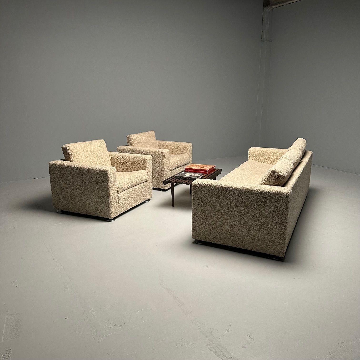 Mid-Century Modern Stendig Living Room, Sofa, Pair of Cube Chairs, New Boucle, Switzerland, Labeled For Sale