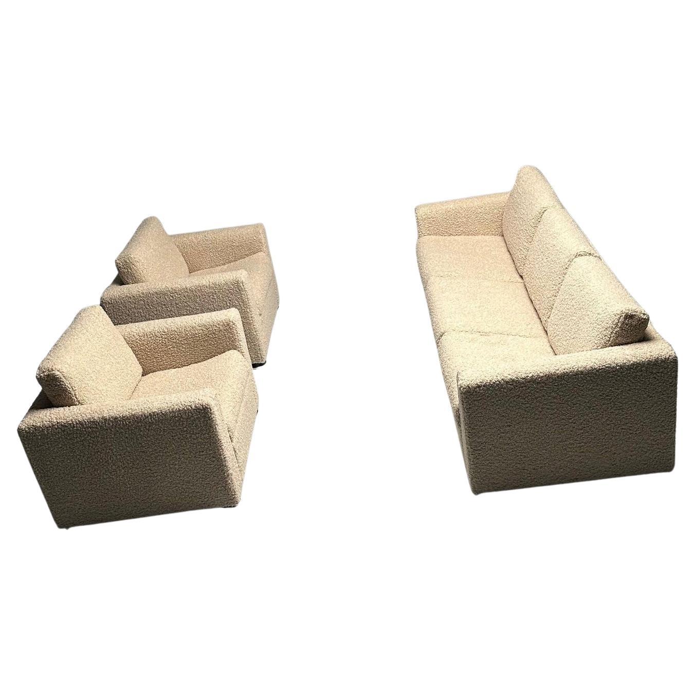 Stendig Living Room, Sofa, Pair of Cube Chairs, New Boucle, Switzerland, Labeled