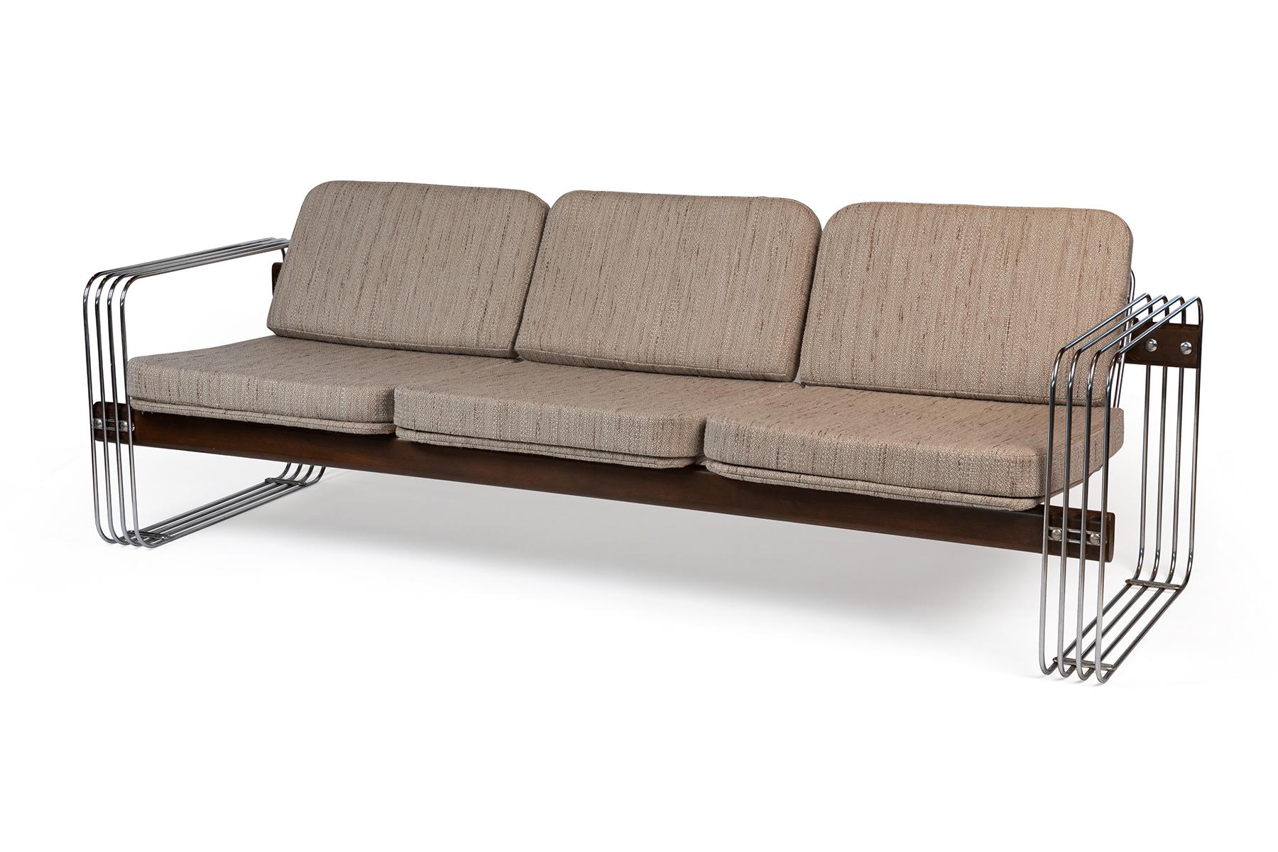 Mid-Century Modern Stendig Sofa with Polished Steel and Sculptural Wood