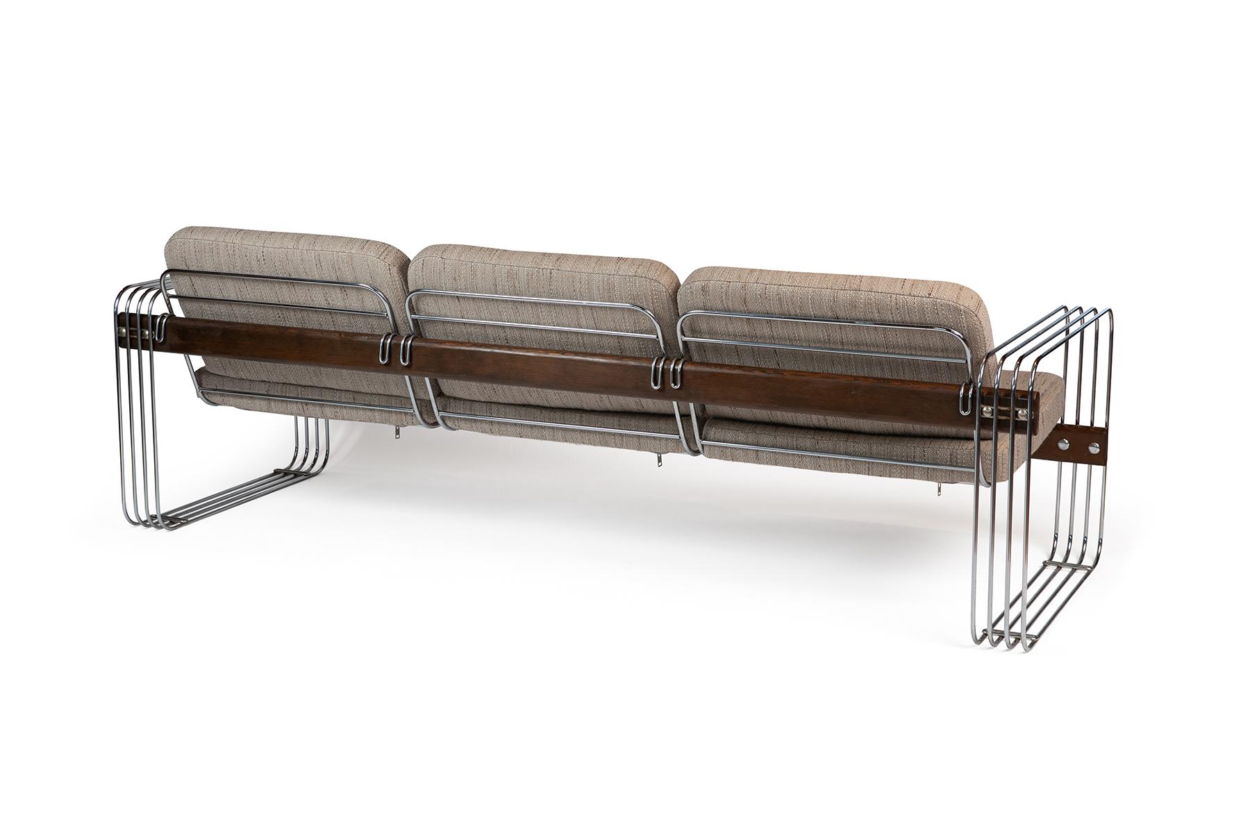 American Stendig Sofa with Polished Steel and Sculptural Wood