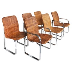 Chaises de salle à manger Stendig en acier inoxydable et rotin, ensemble de 6, 1970