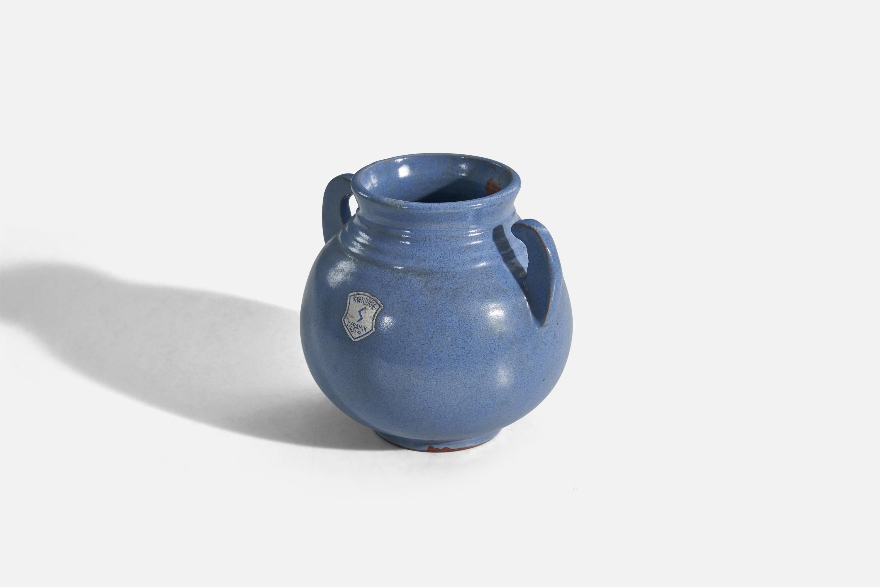 Swedish Steninge Keramik AB, Vase, Blue-Glazed Earthenware, Sweden, C. 1970s For Sale