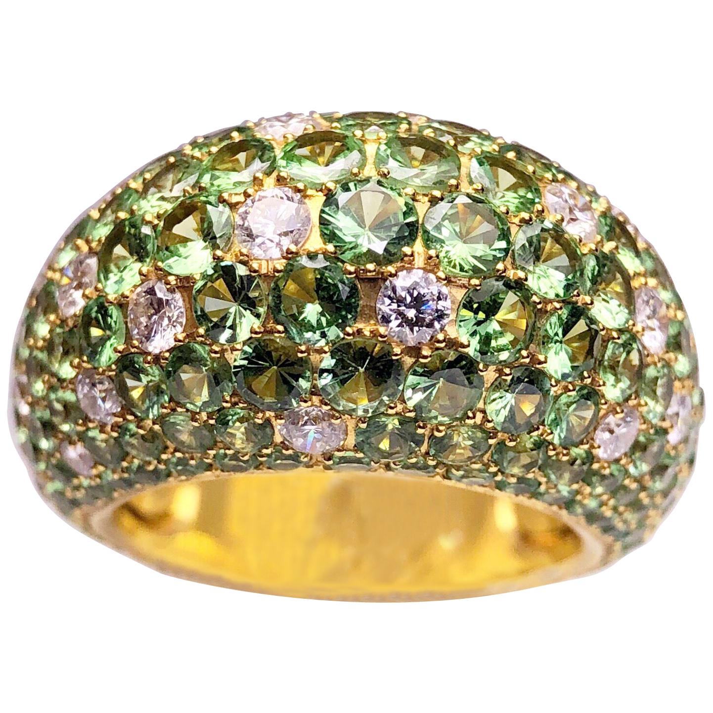Stenzhorn 18 Karat Gold Dome Ring with 8.20 Carat Tsavorites and .90Ct. Diamonds For Sale