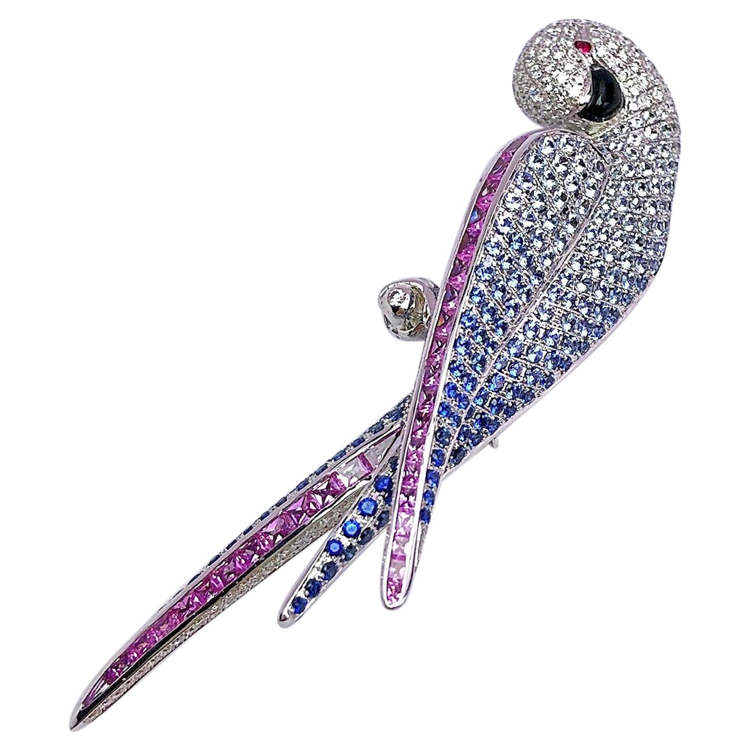 Stenzhorn 18 Karat White Gold Diamond and Pastel Sapphire Parrot Brooch For Sale